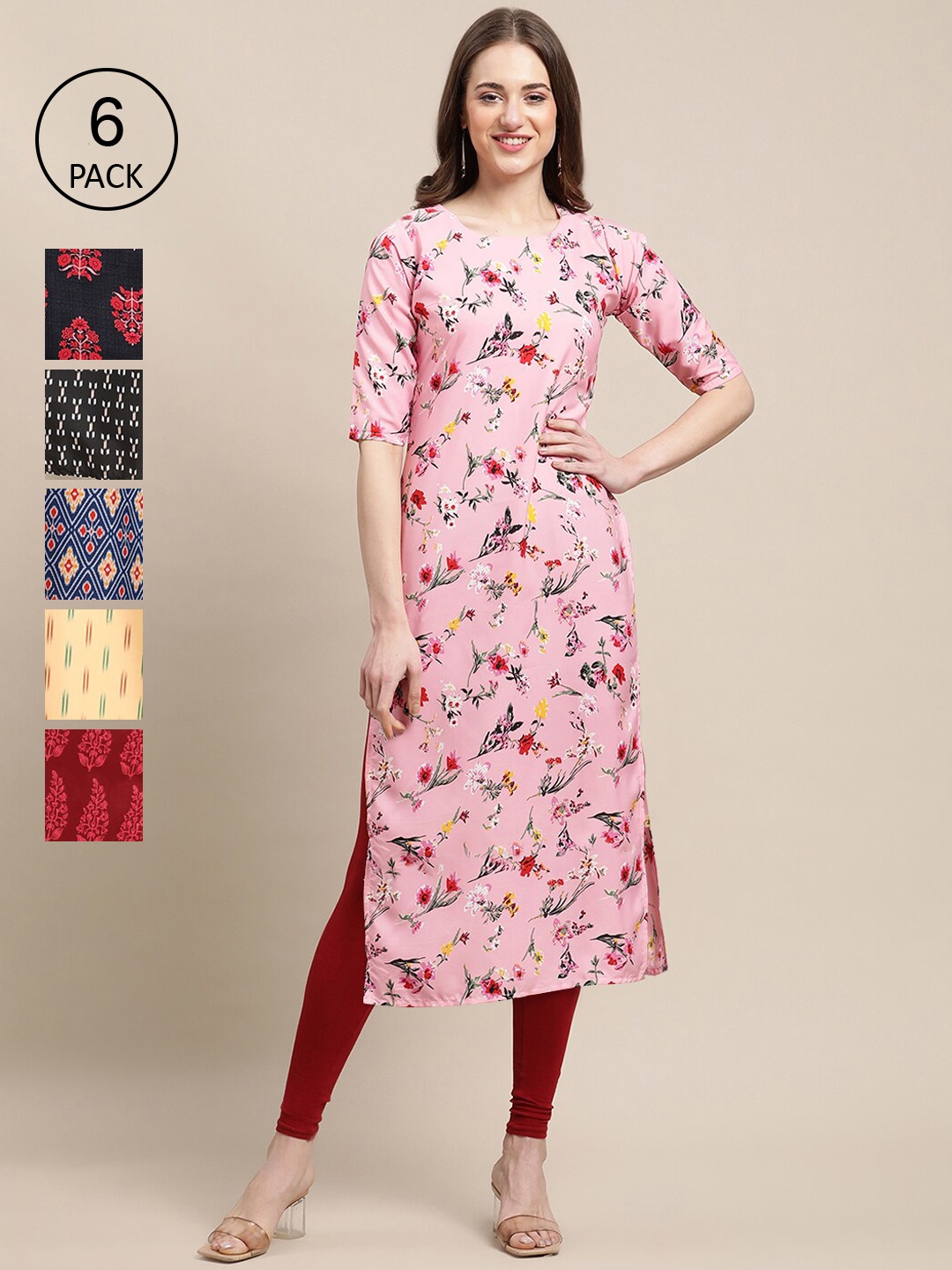 

7Threads Women Pink & Red Pack Of 6 Ethnic Motifs Printed Crepe Kurtas