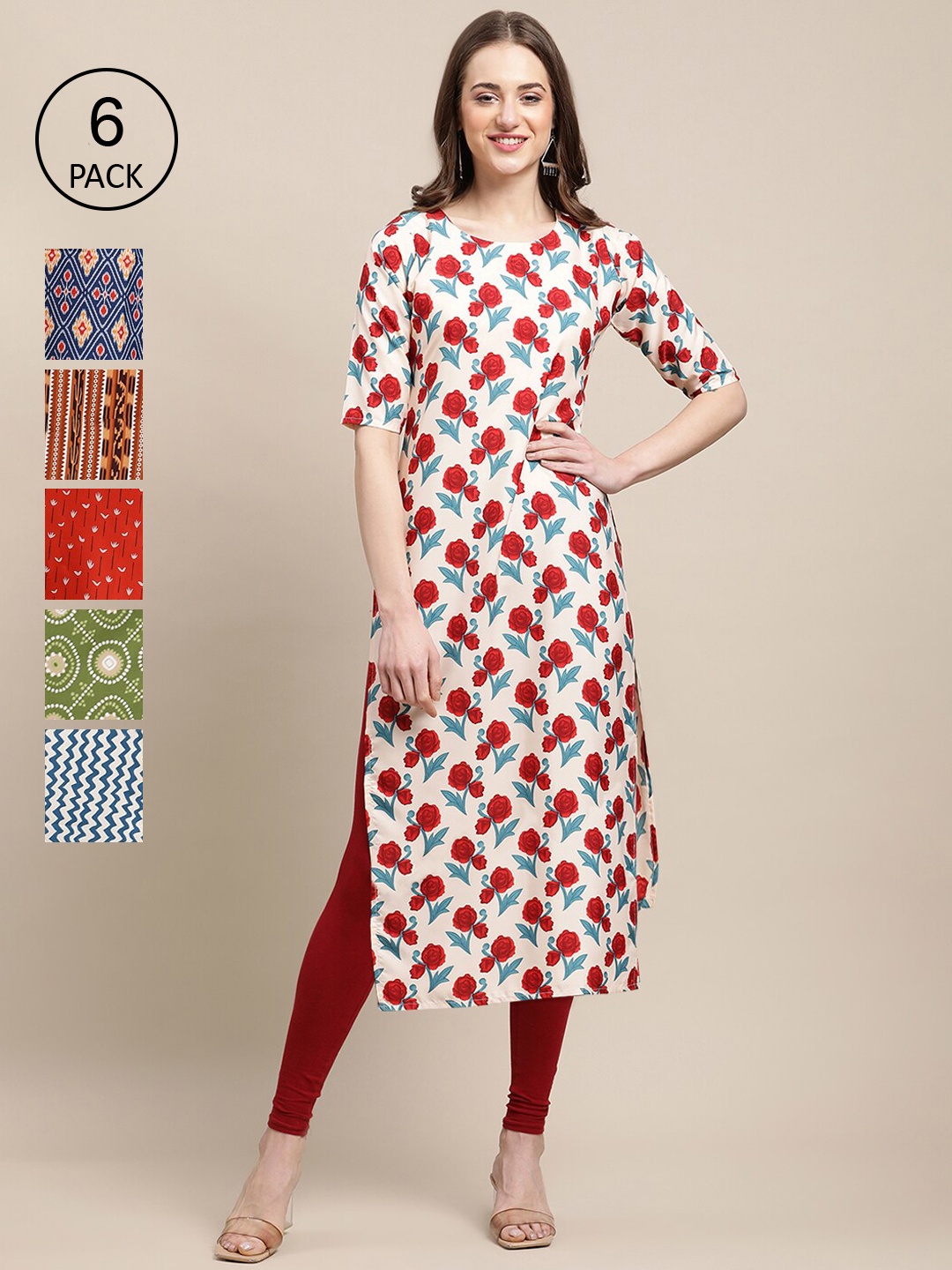 7Threads Women Pack of 6 Printed Crepe Kurta, White