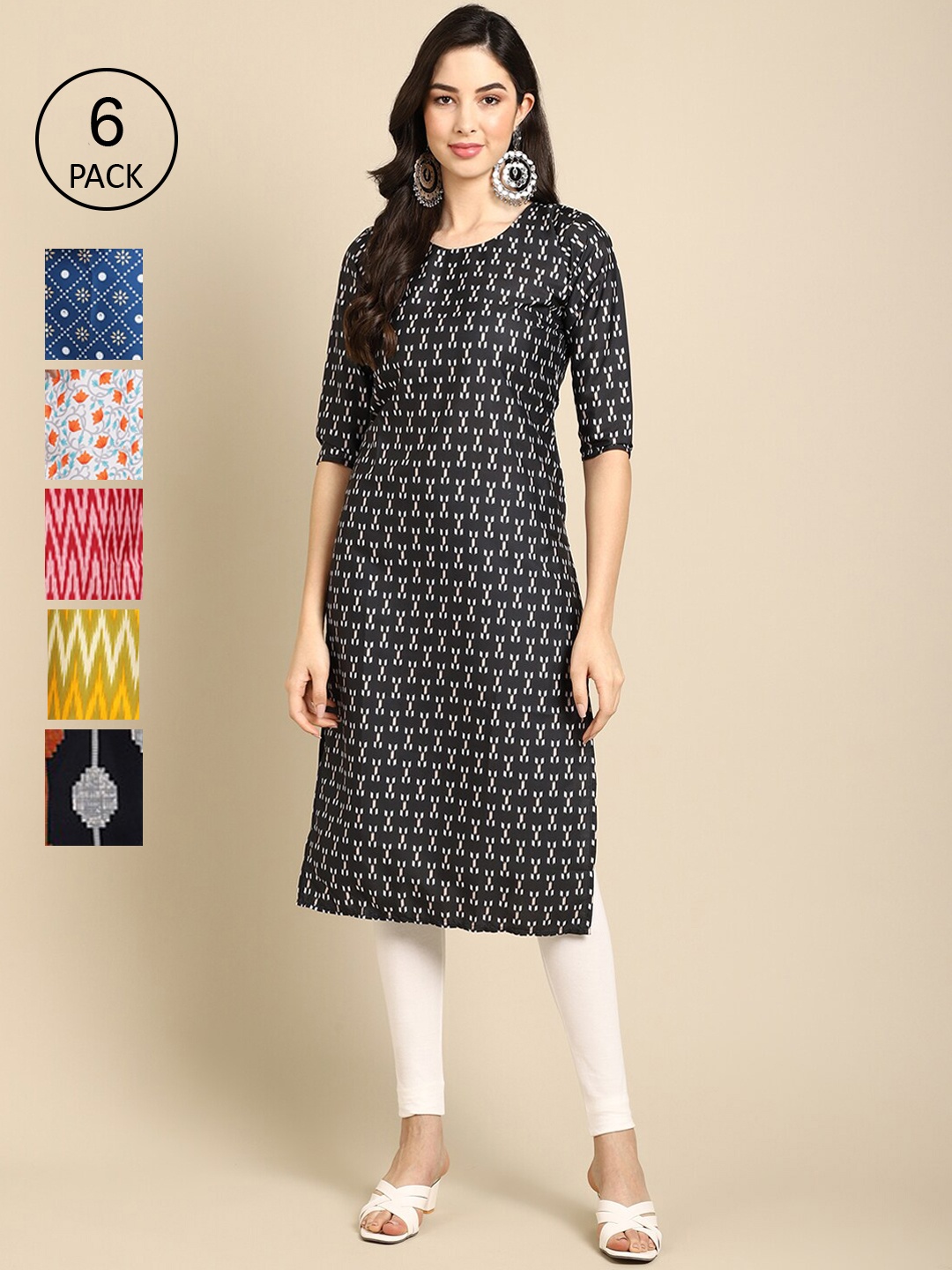 

7Threads Women Pack of 6 Printed Crepe Kurta, Black