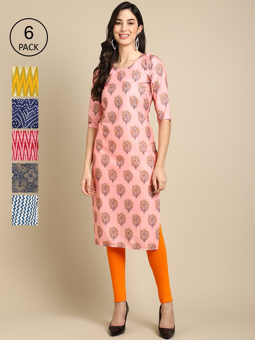 

7Threads Women Pack of 6 Crepe Kurta, Peach