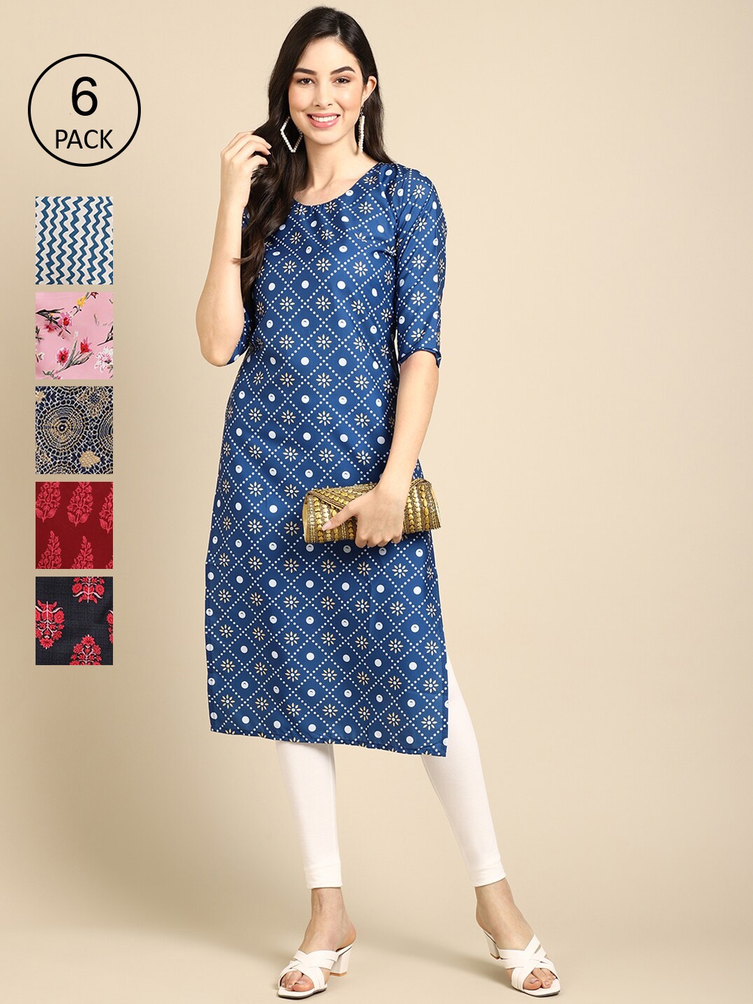 7Threads Women Pack of 6 Printed Crepe Kurta, Blue