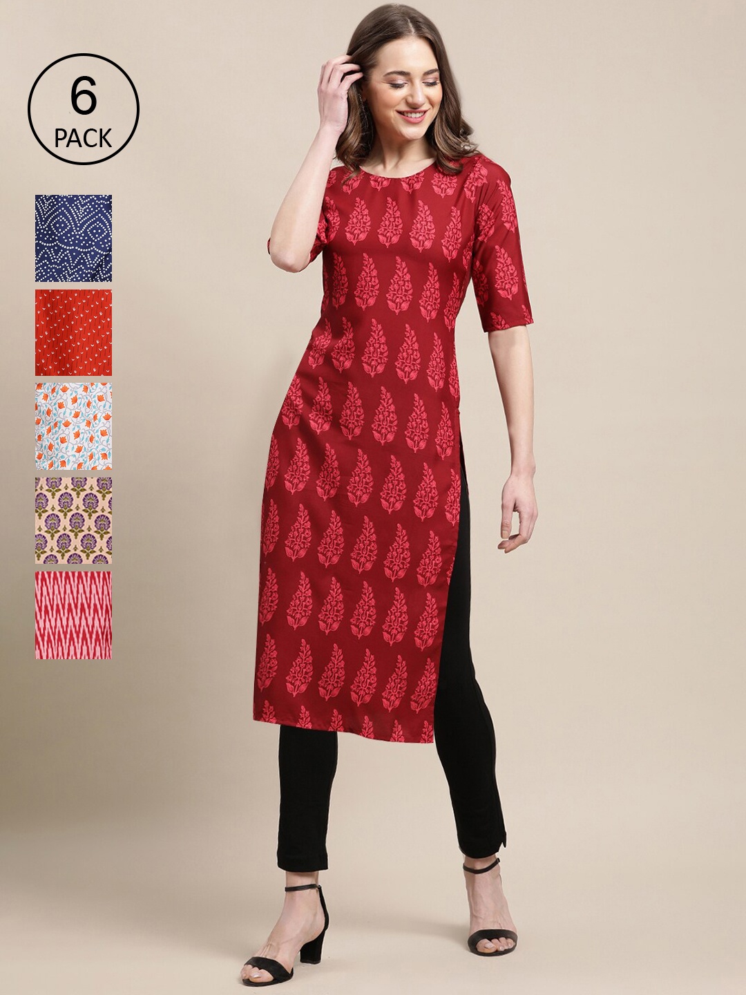 7Threads Women Pack of 6 Women Printed Straight Crepe Kurta, Multi