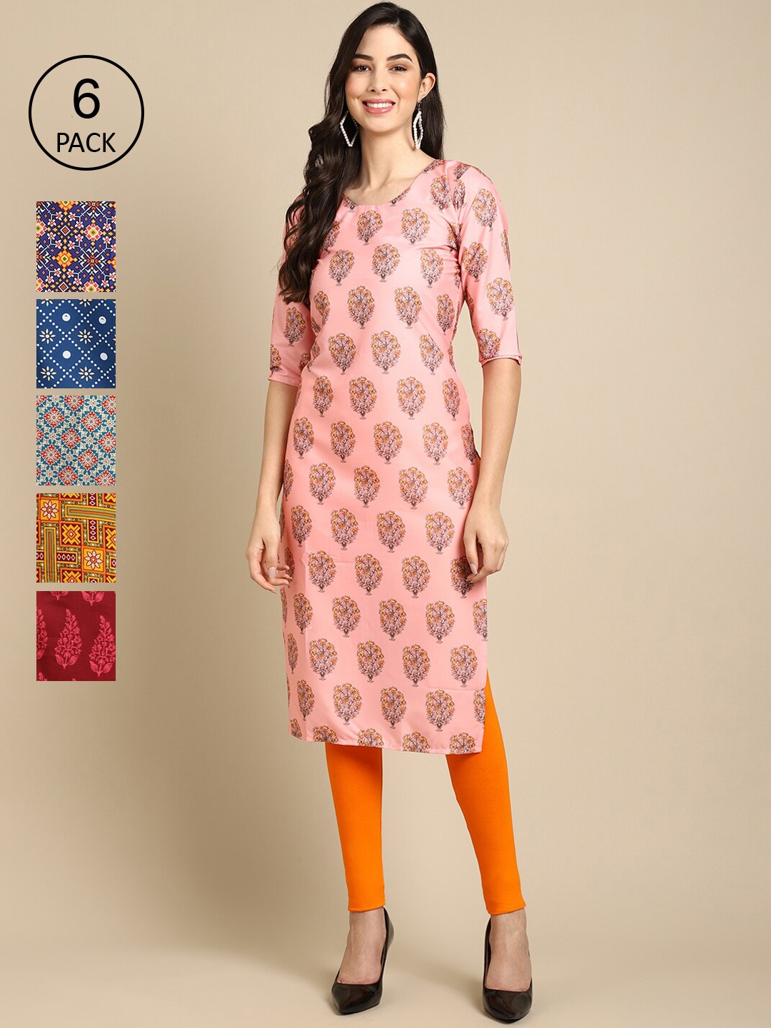 

7Threads PACK OF 6 Women Ethnic Motifs Printed Summer Sheers Crepe Kurta, Pink