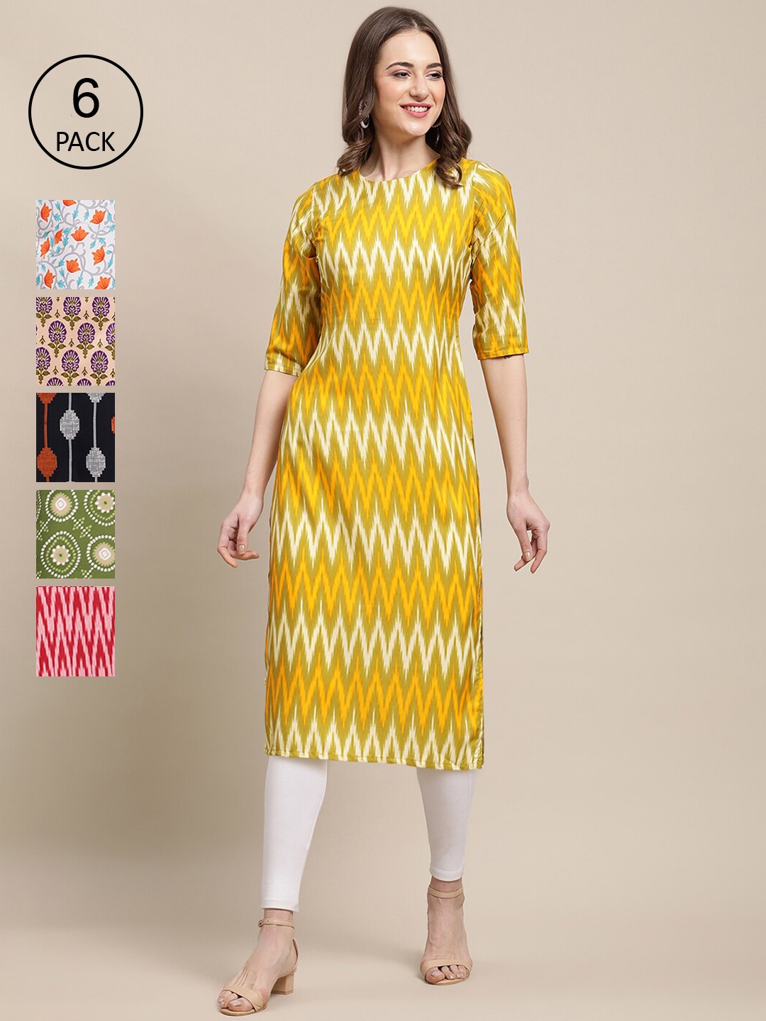 

7Threads Pack Of 6 Women Ethnic Motifs Printed Summer Sheers Crepe Kurta, Yellow
