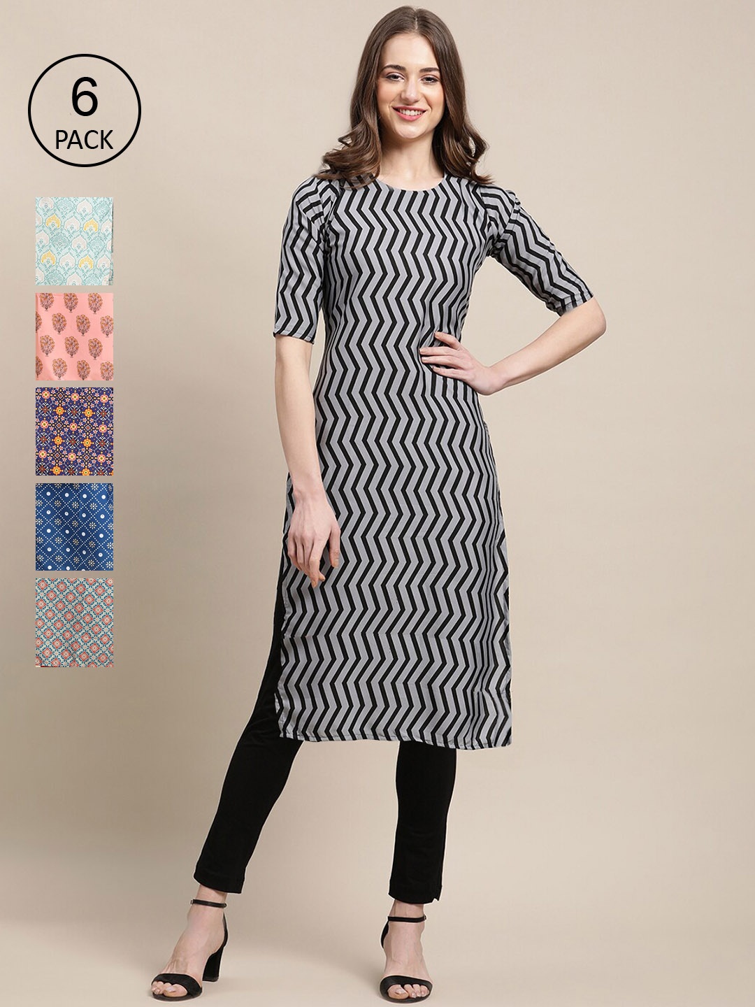

7Threads Women Pack Of 6 Black & Turquoise Blue Printed Crepe Kurta