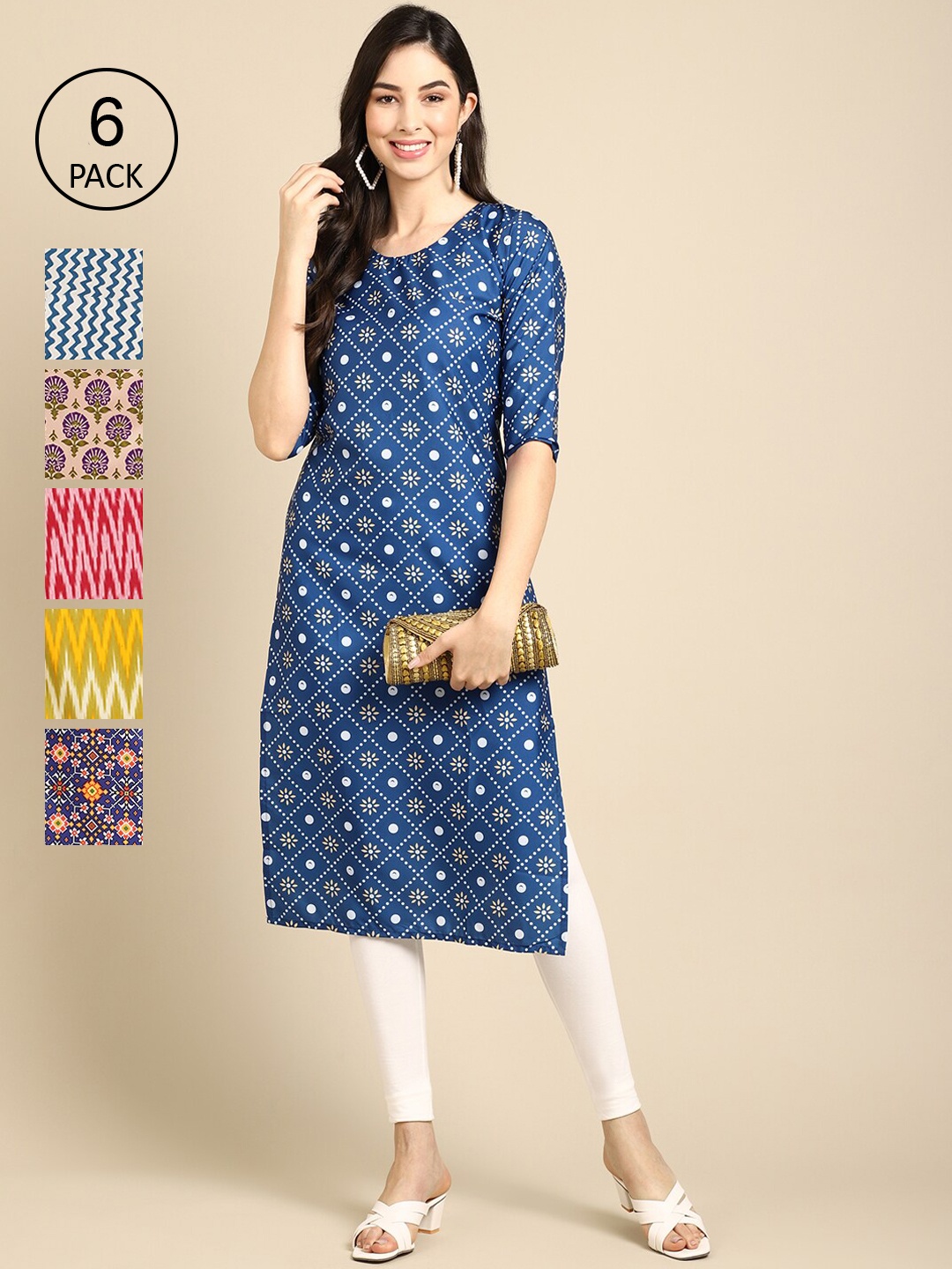 

7Threads Women Pack Of 6 Blue & White Printed Crepe Kurta