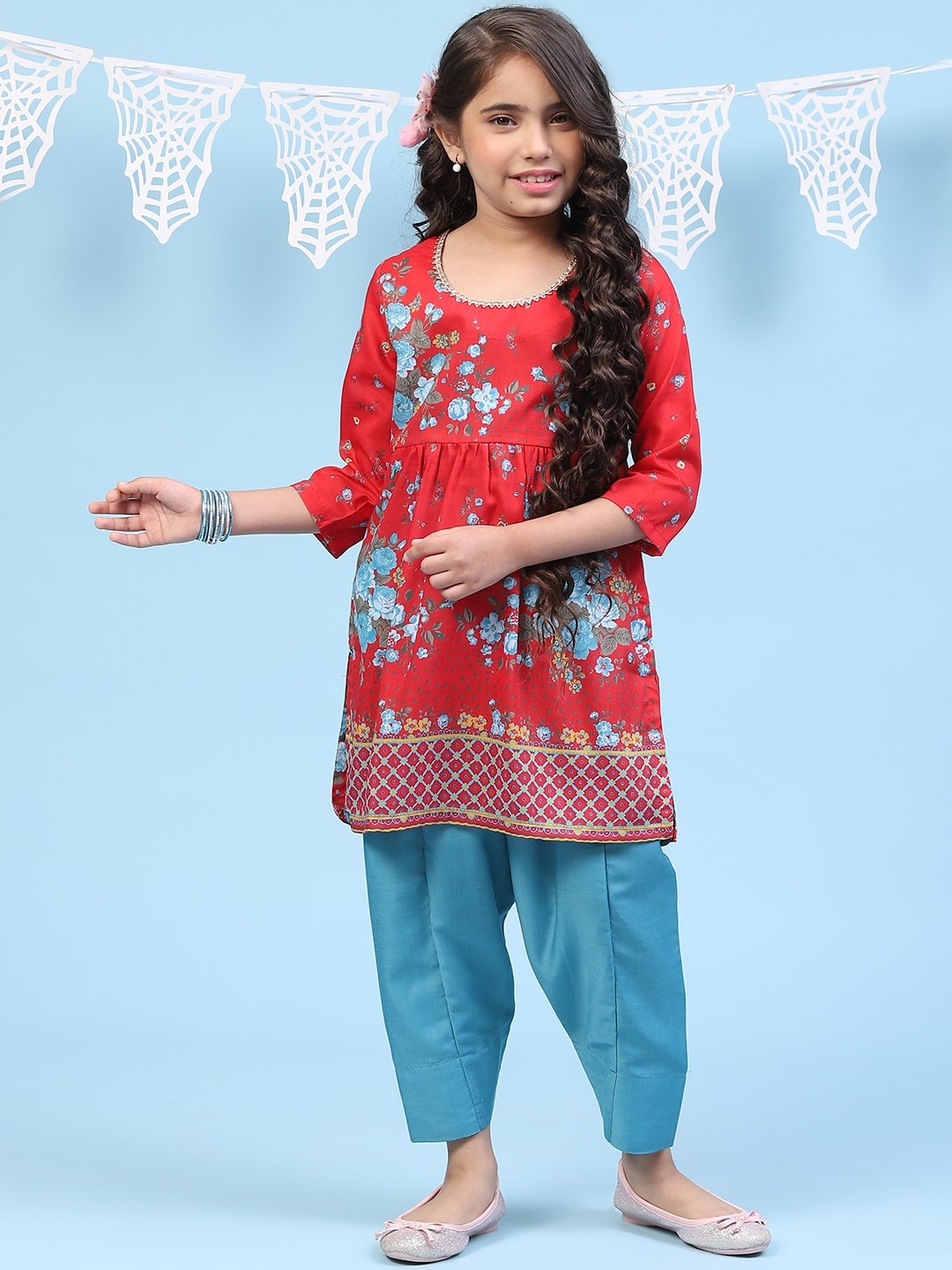 

Biba Girls Floral Printed Pleated Gotta Patti Kurti with Salwar, Red