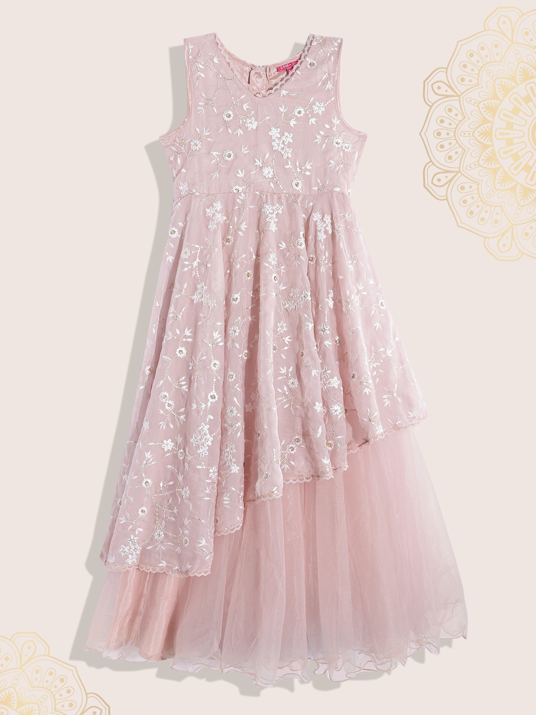 

Biba Girls Floral Embroidered Sequined Detail Maxi Ethnic Dress, Pink