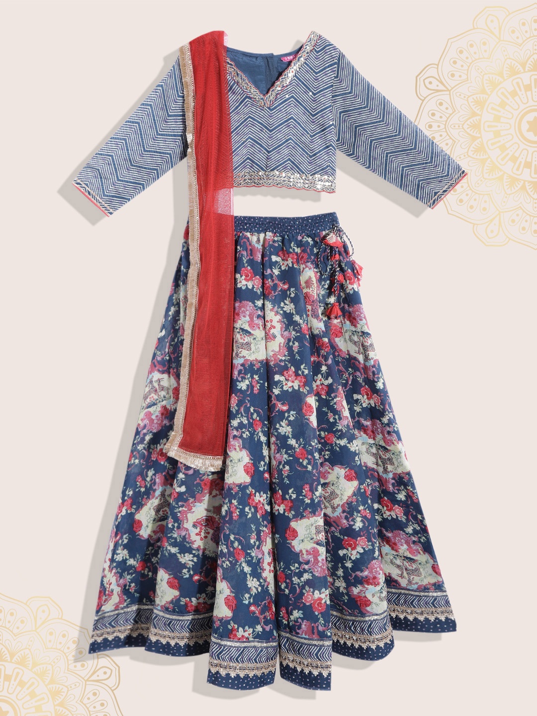 

Biba Girls Navy Blue & Red Printed Gotta Patti Ready to Wear Lehenga & Blouse With Dupatta