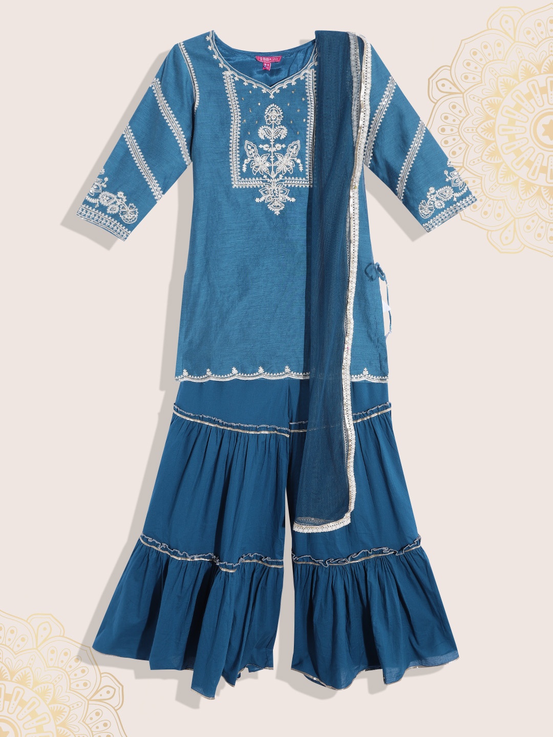 

Biba Girls Navy Blue & White Embroidered Kurta with Sharara & Dupatta