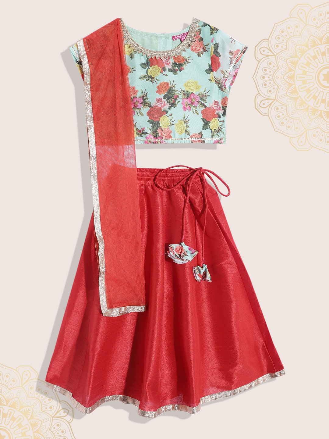 

Biba Girls Green & Red Printed Gotta Patti Ready to Wear Lehenga & Blouse With Dupatta