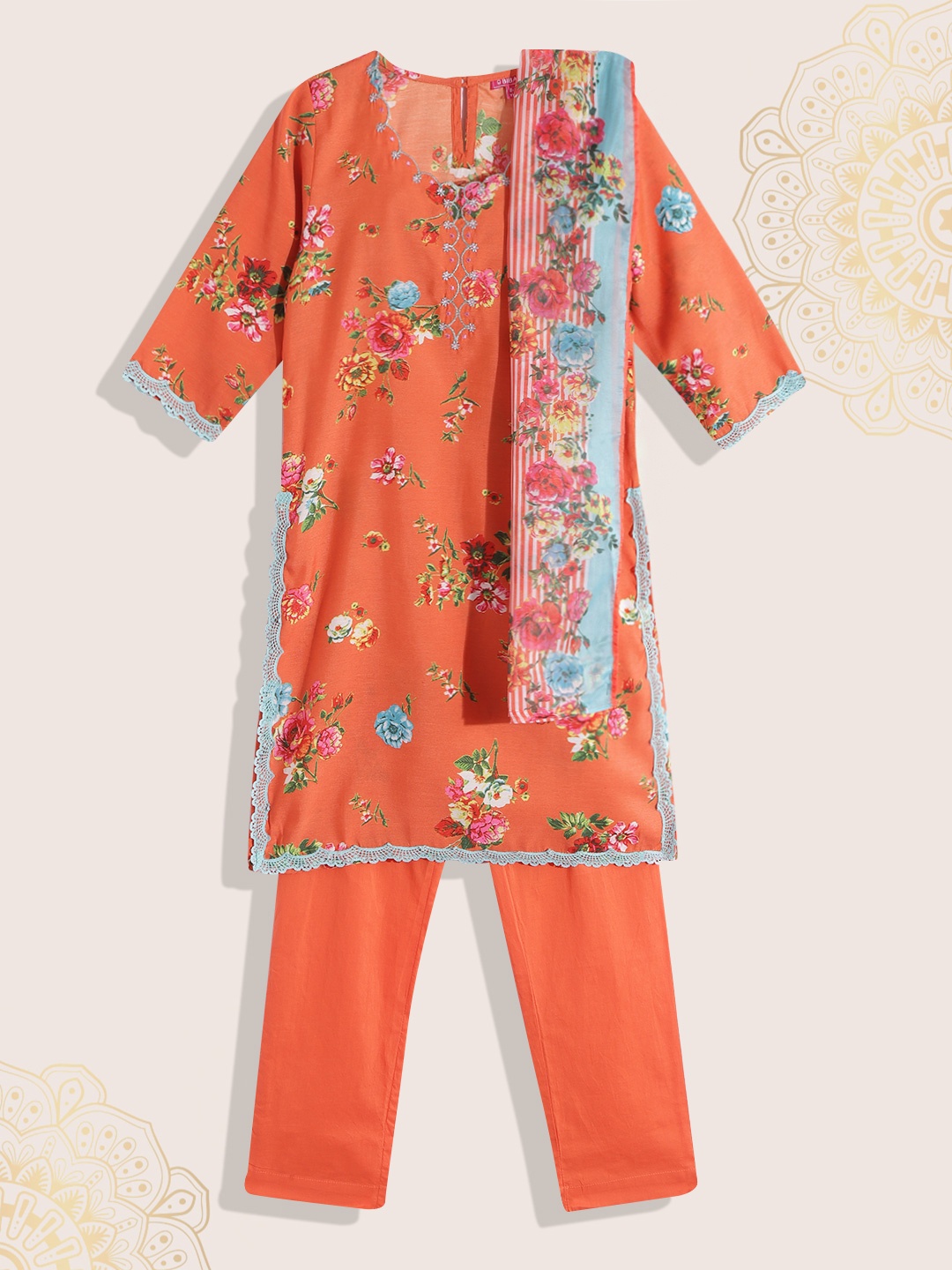 

Biba Girls Orange & Pink Floral Print Kurta with Trousers & Dupatta