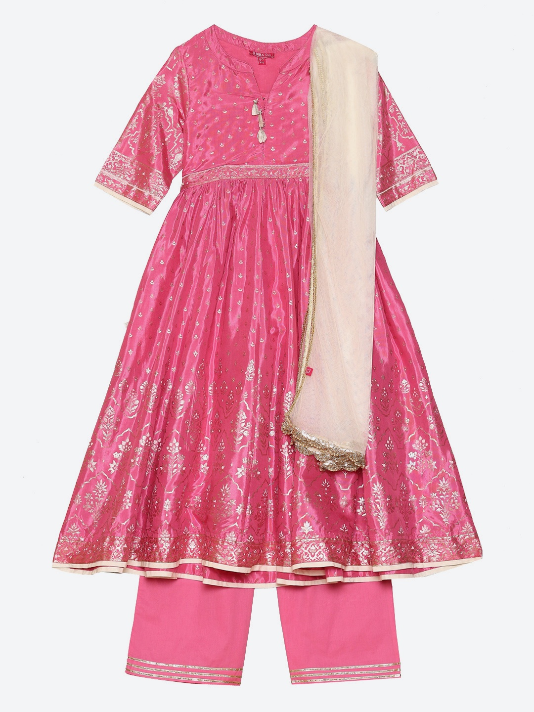 

Biba Girls Pink Floral Pleated Kurta with Palazzos & With Dupatta