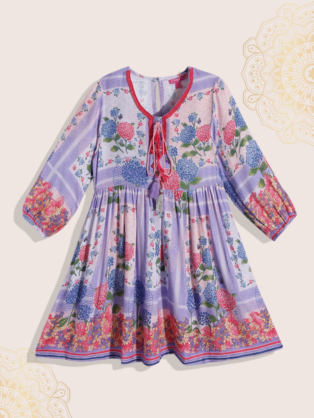 

Biba Girls Lavender & Blue Floral Print Fit & Flare Dress with Tie-Ups