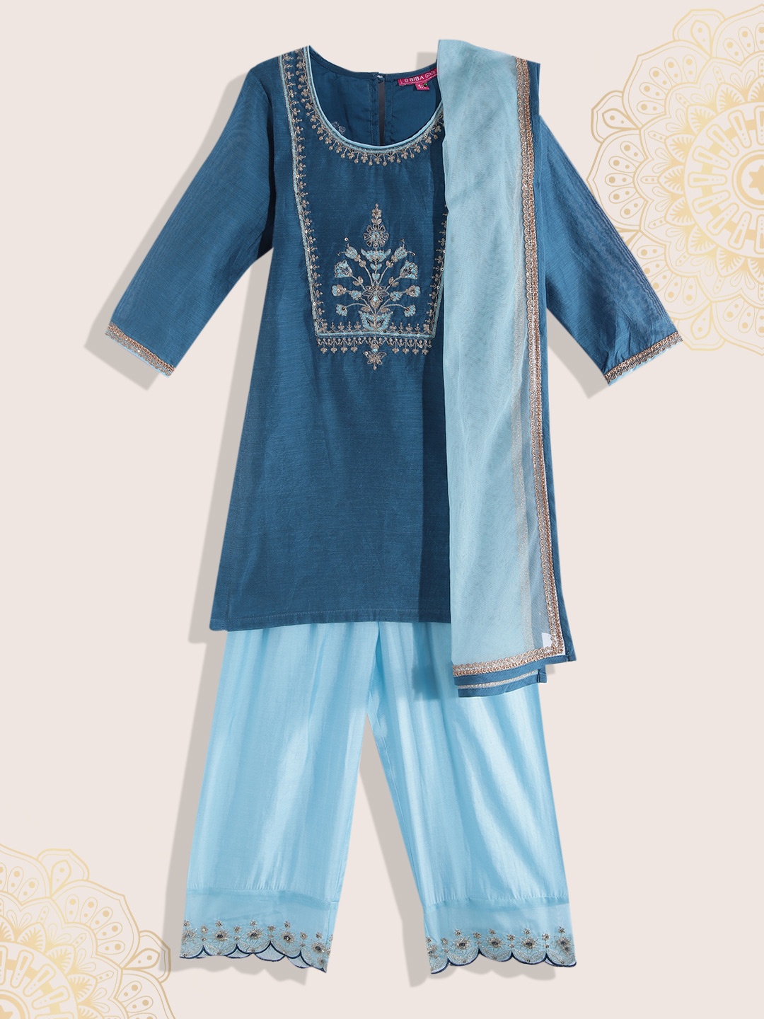 

Biba Girls Blue Floral Embroidered Gotta Patti Kurta with Trousers & Dupatta