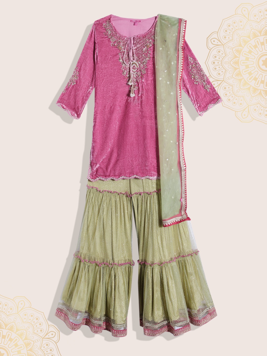 

Biba Girls Ethnic Motifs Embroidered Velvet Finish Kurti With Sharara & Dupatta, Pink