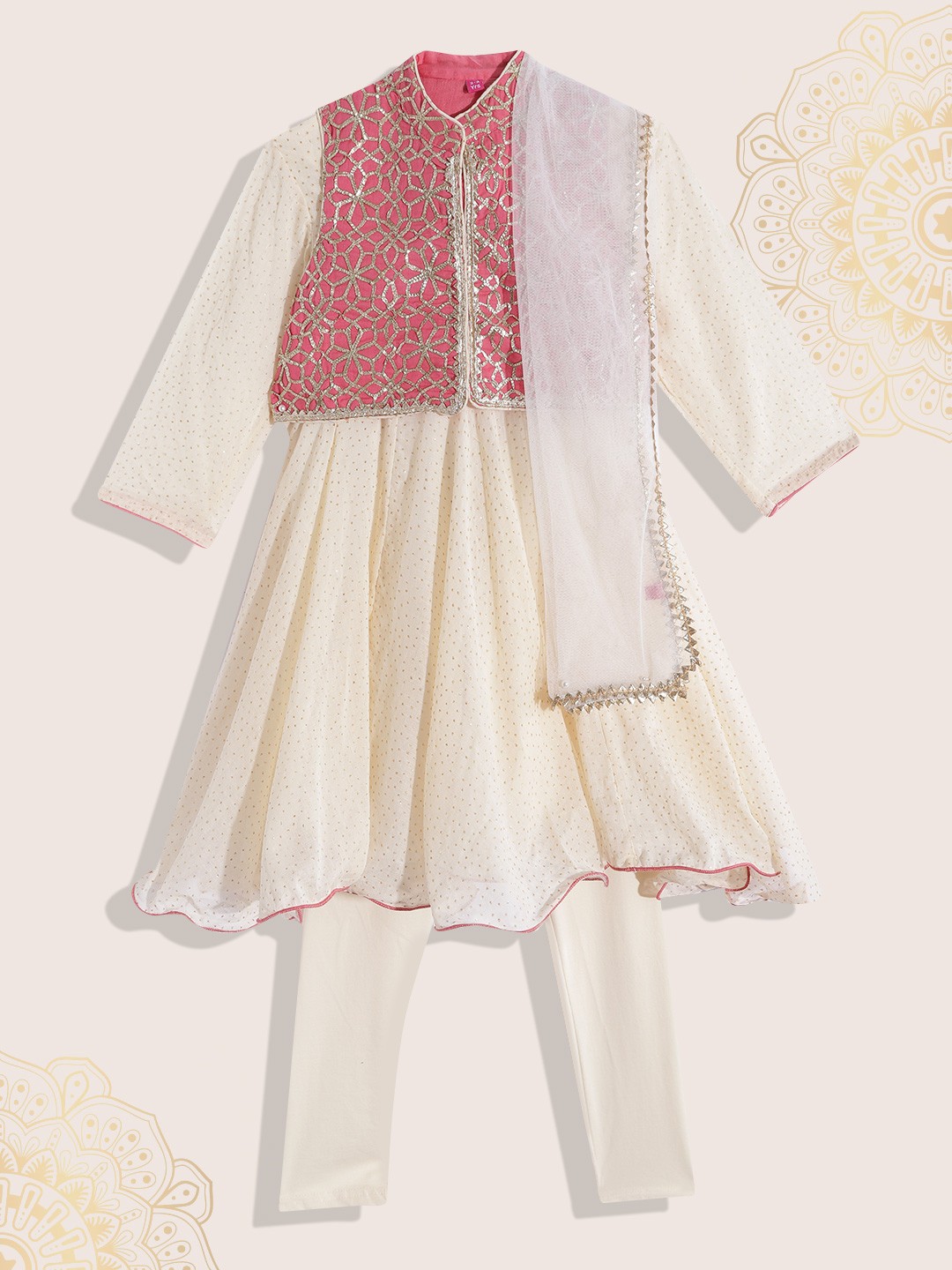 

Biba Girls Off White Ditsy Print Cotton Anarakali Kurta Leggings Dupatta & Ethnic Jacket