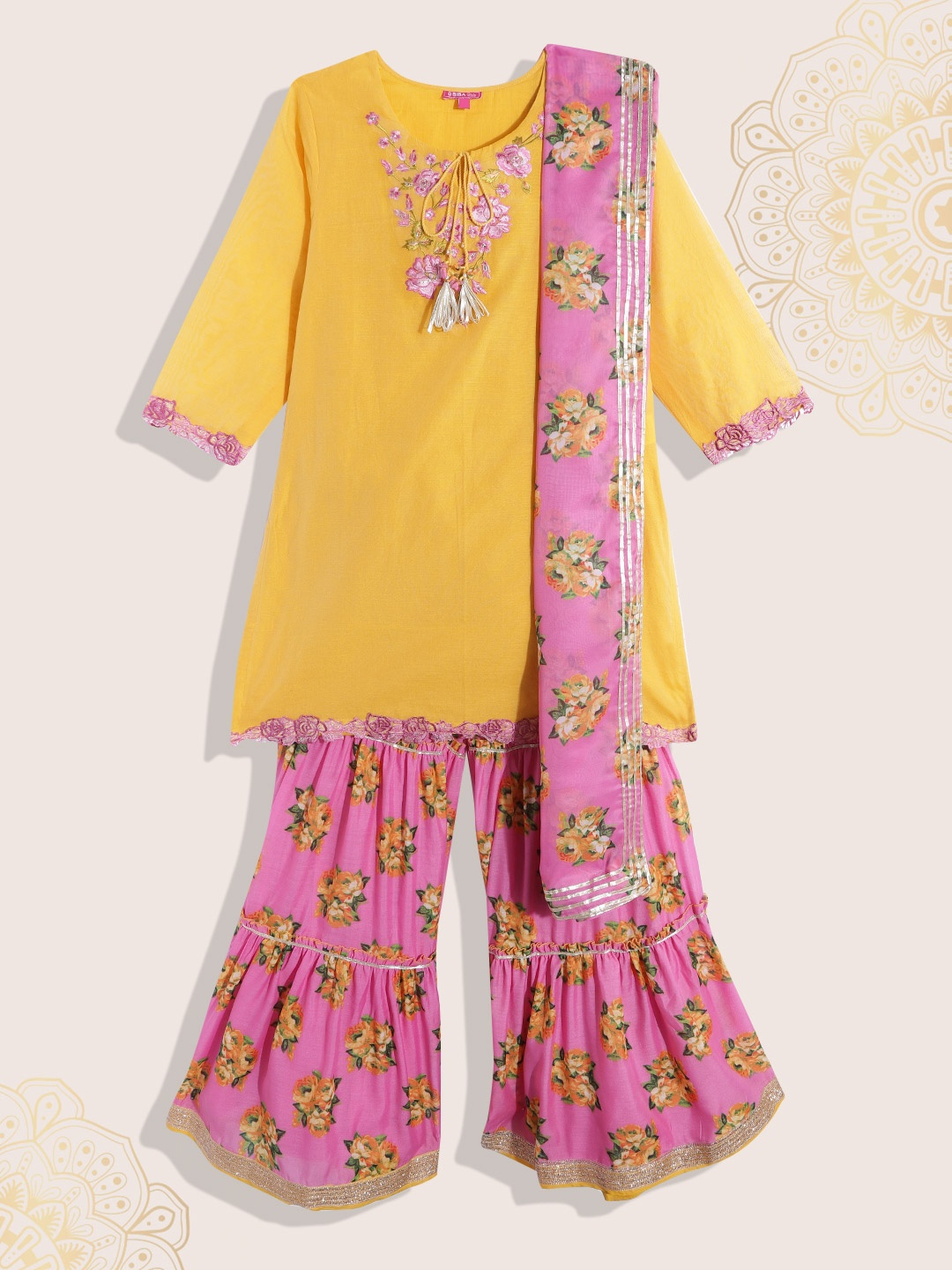 

Biba Girls Yellow & Pink Floral Embroidered Gotta Patti Kurta with Sharara & Dupatta