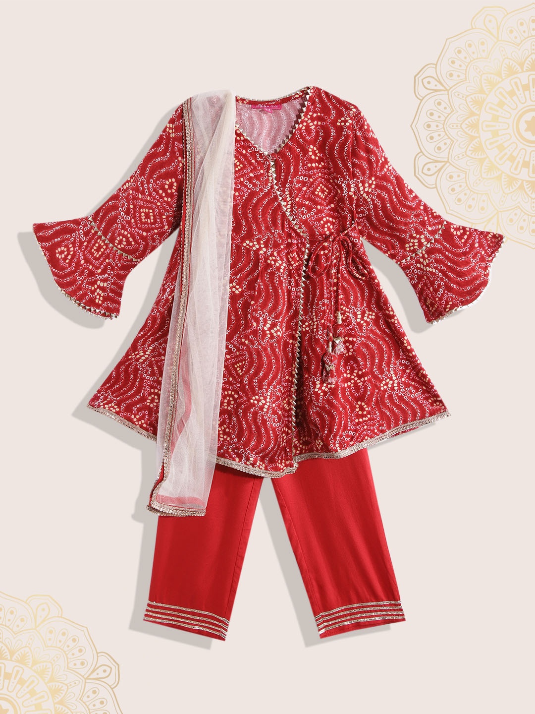 

Biba Girls Red & White Bandhani Print Angrakha Gotta Patti Kurta with Trousers & Dupatta