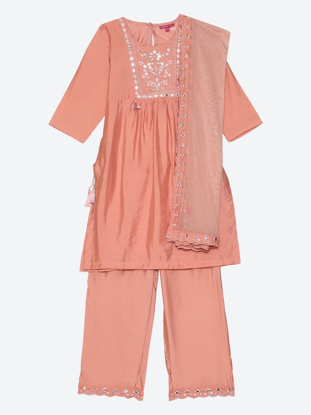 

Biba Girls Peach-Coloured & Silver Yoke Design Mirror Work Straight Kurta Trousers Dupatta