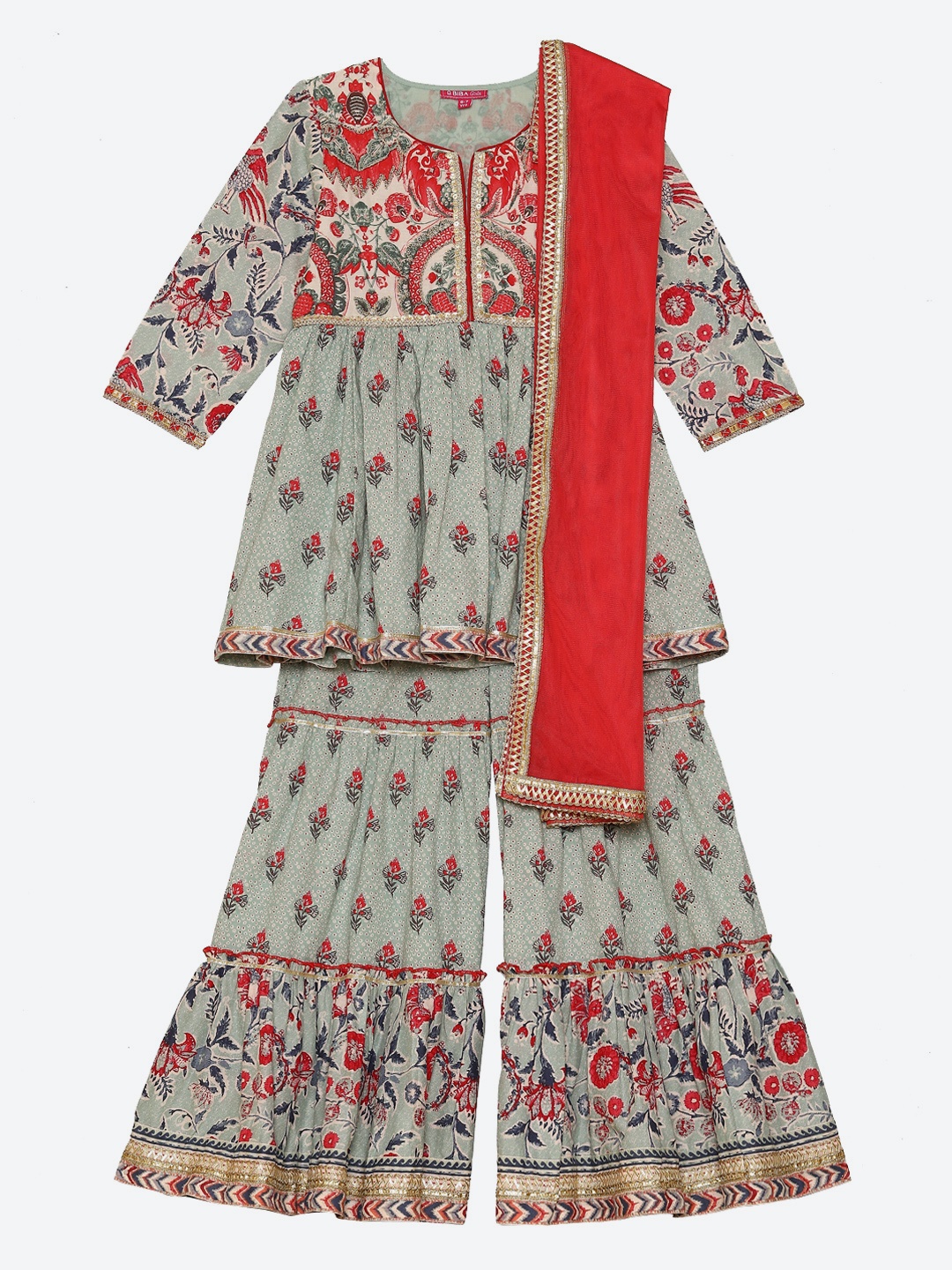 

Biba Girls Green Ethnic Motifs Printed Pleated Kurta with Sharara & With Dupatta