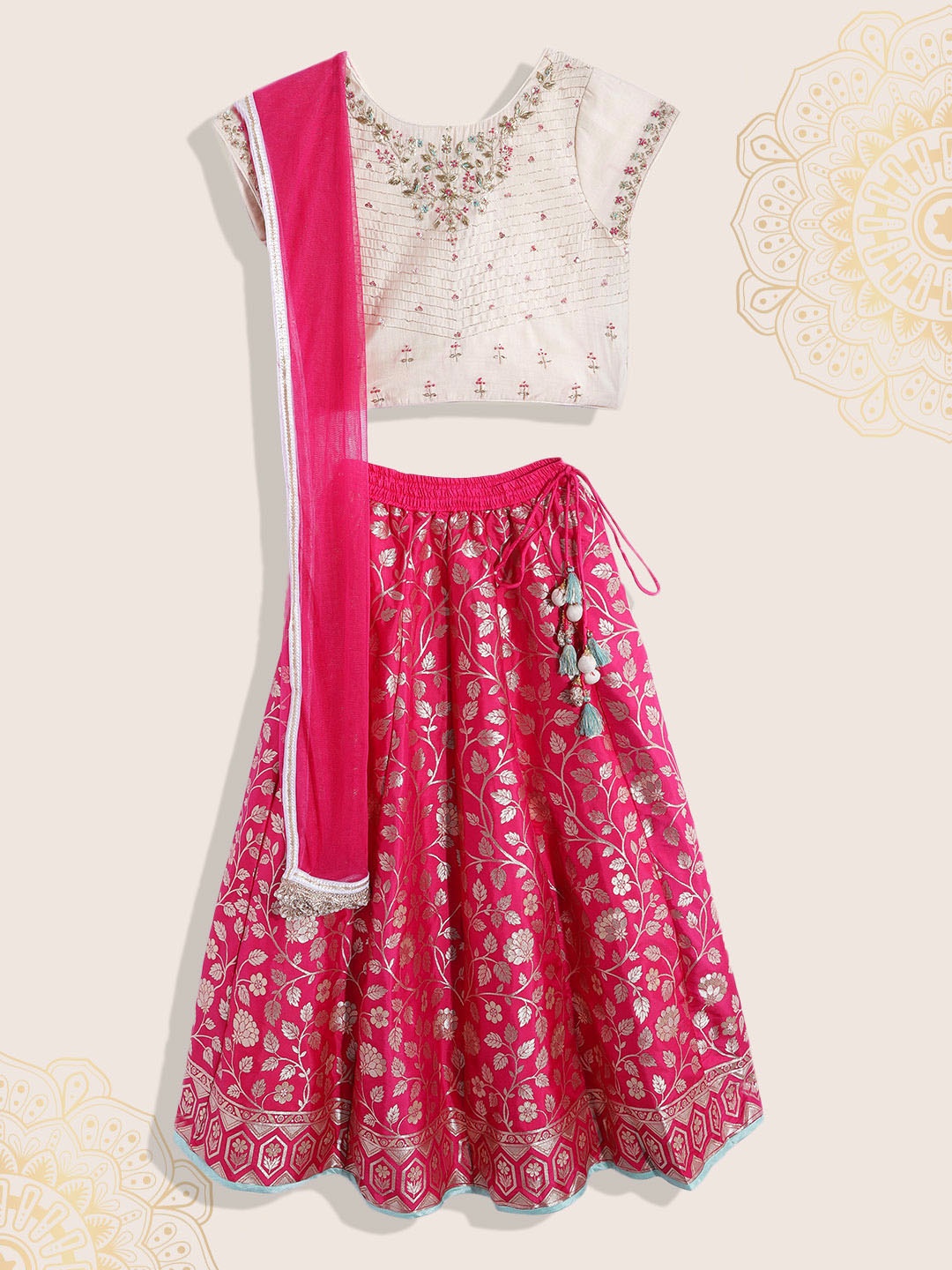 

Biba Girls Off White & Pink Woven Design Ready to Wear Lehenga & Blouse With Dupatta