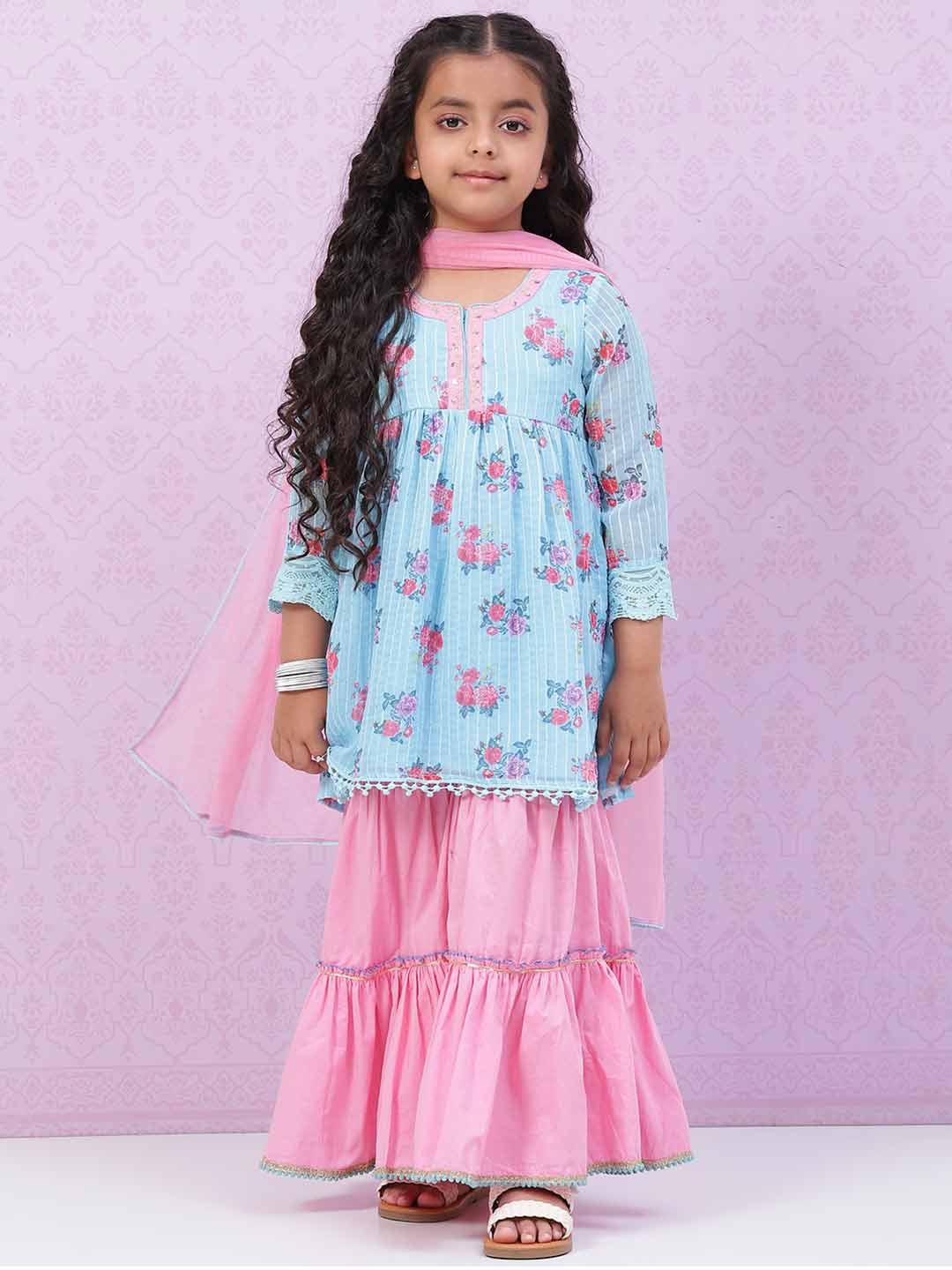 

Biba Girls Zari Embroidered Floral Kurta with Sharara & Dupatta, Blue