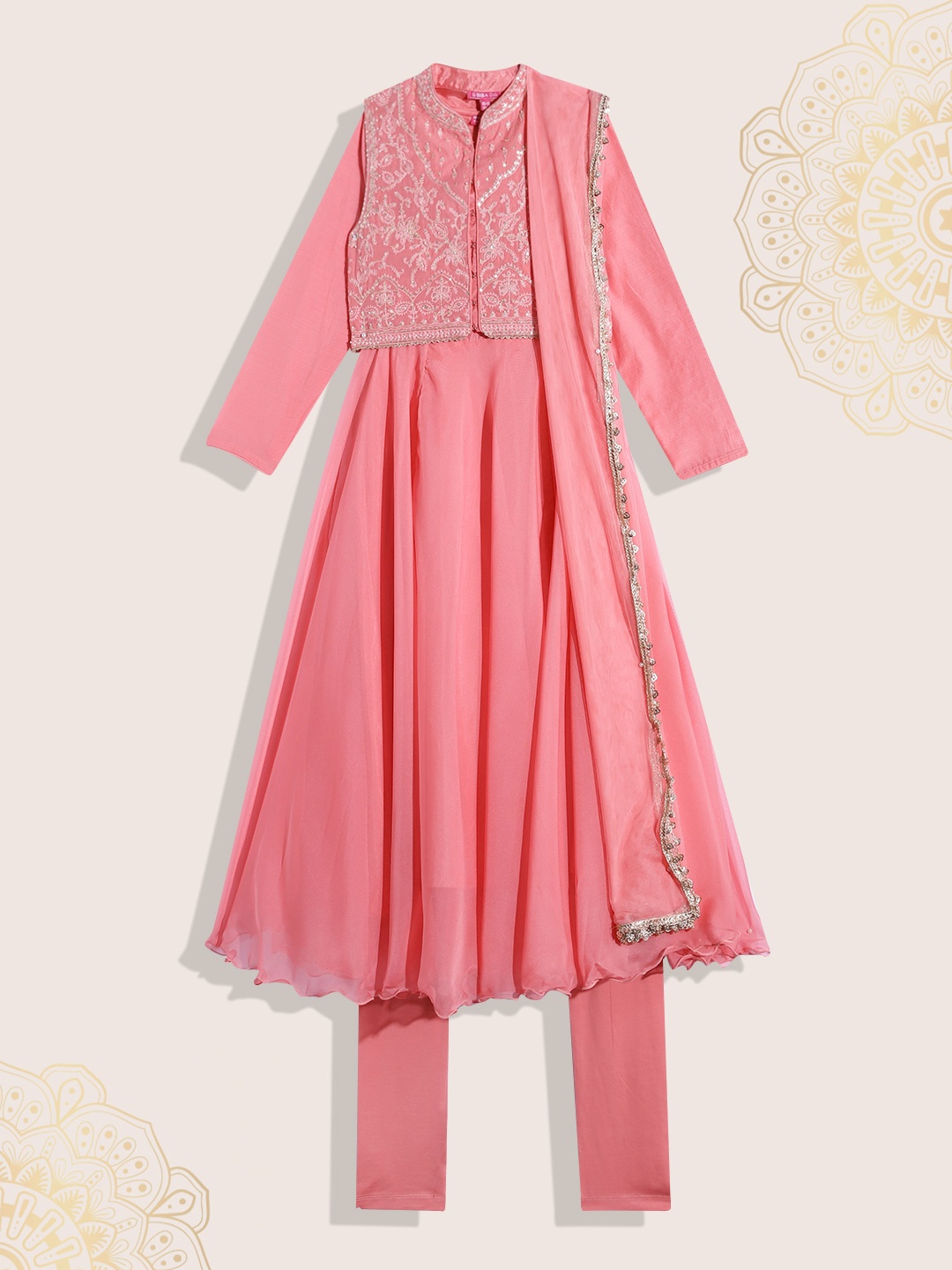 

Biba Girls Anarkali Kurta Set With Dupatta & Jacket, Pink