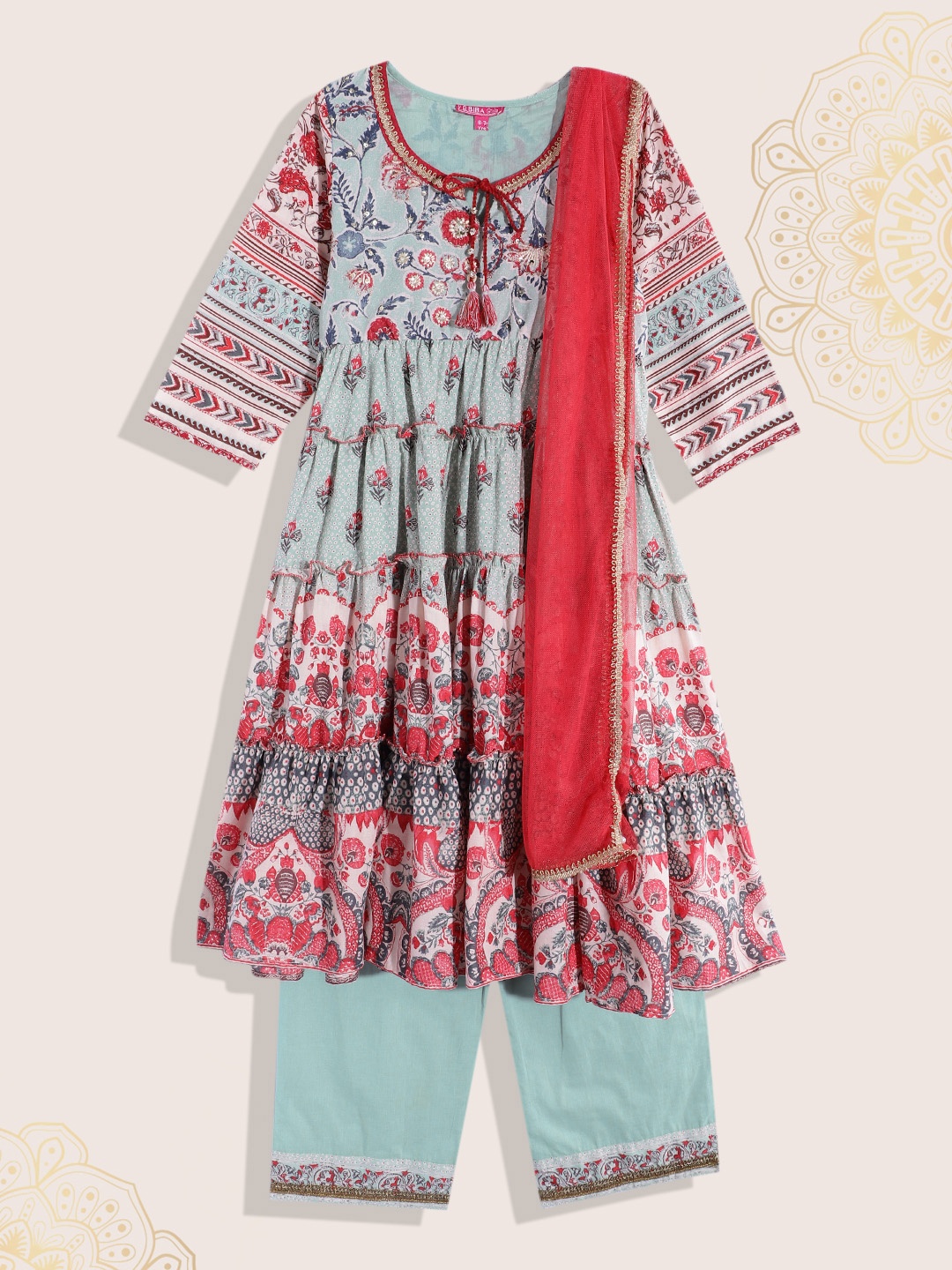 

Biba Girls Cotton Ethnic Motifs Printed Regular Kurta With Trousers & Dupatta, Blue