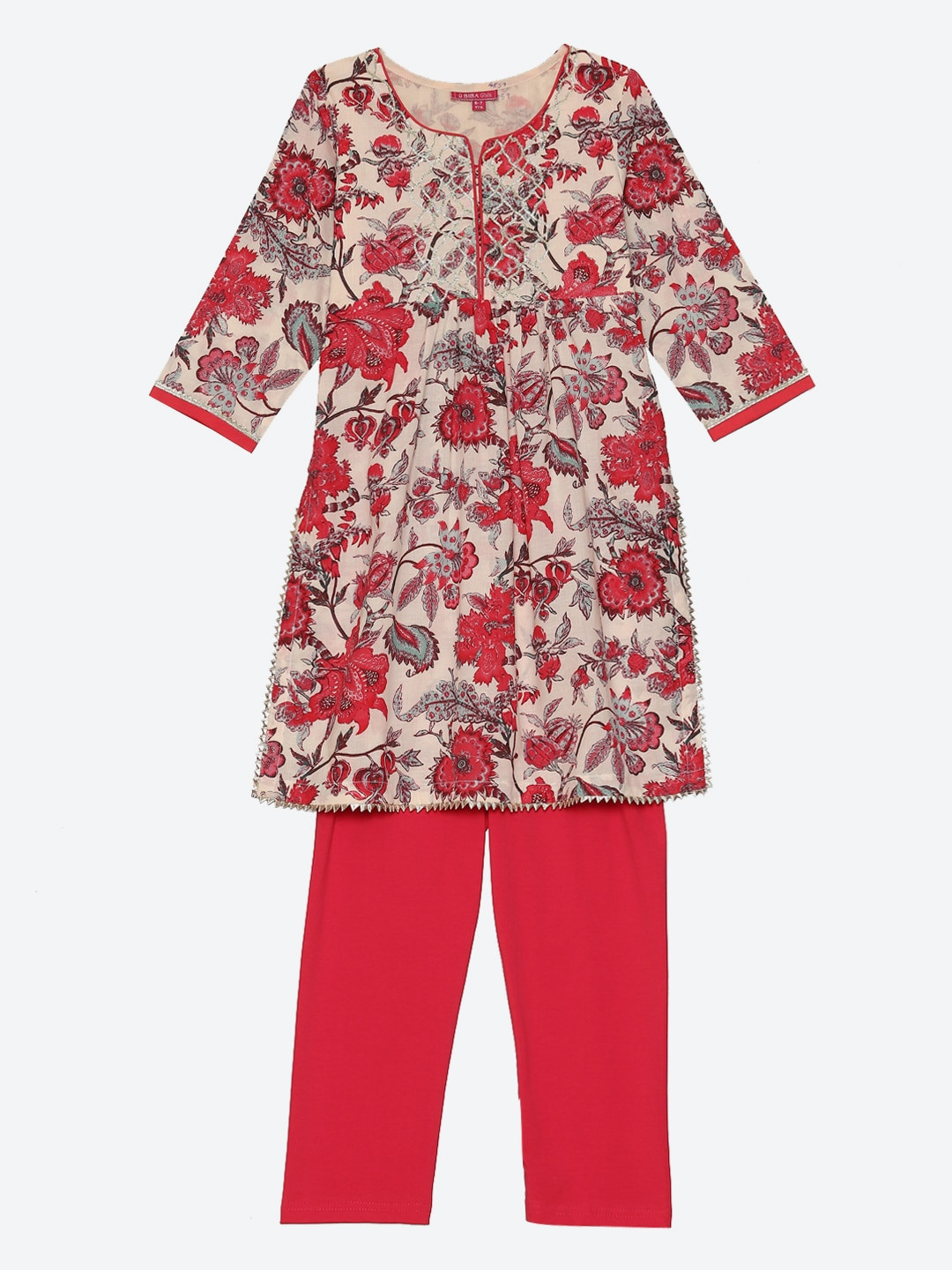 

Biba Girls Off White & Pink Floral Printed Gotta Patti Cotton Straight Kurta & Leggings