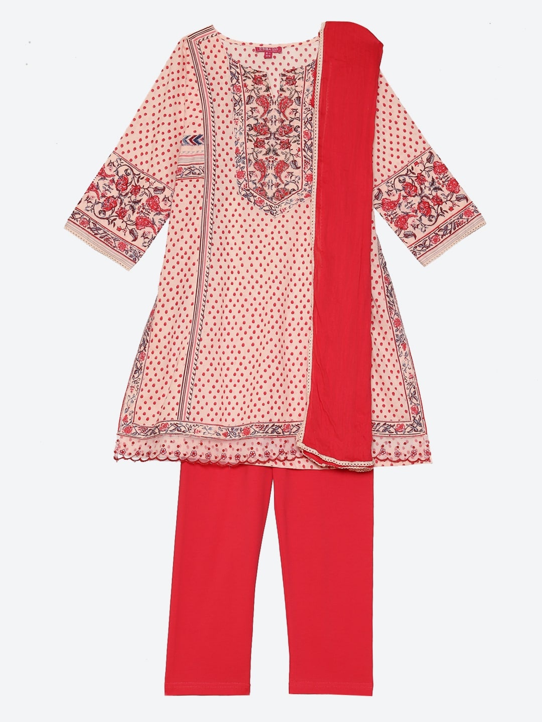 

Biba Girls Pink & Red Geometric Printed Cotton Straight Kurta Leggings With Dupatta