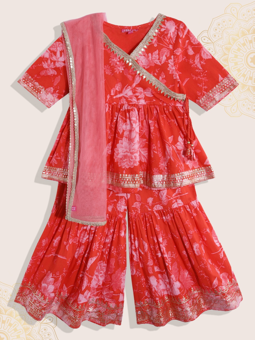 

Biba Girls Floral Printed Angrakha Kurta with Sharara & With Dupatta, Red