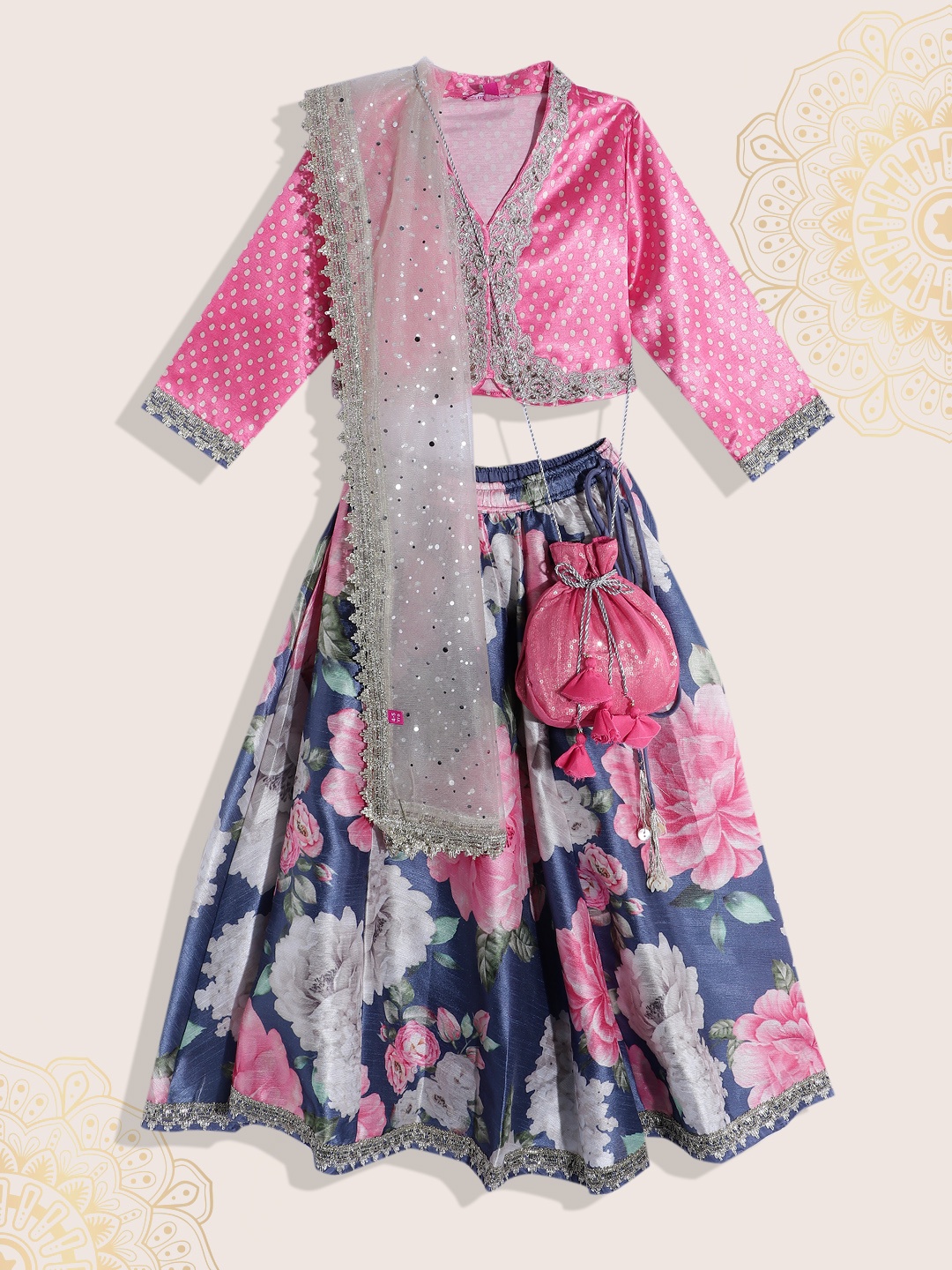 

Biba Girls Floral Printed Ready to Wear Lehenga & Blouse, Pink