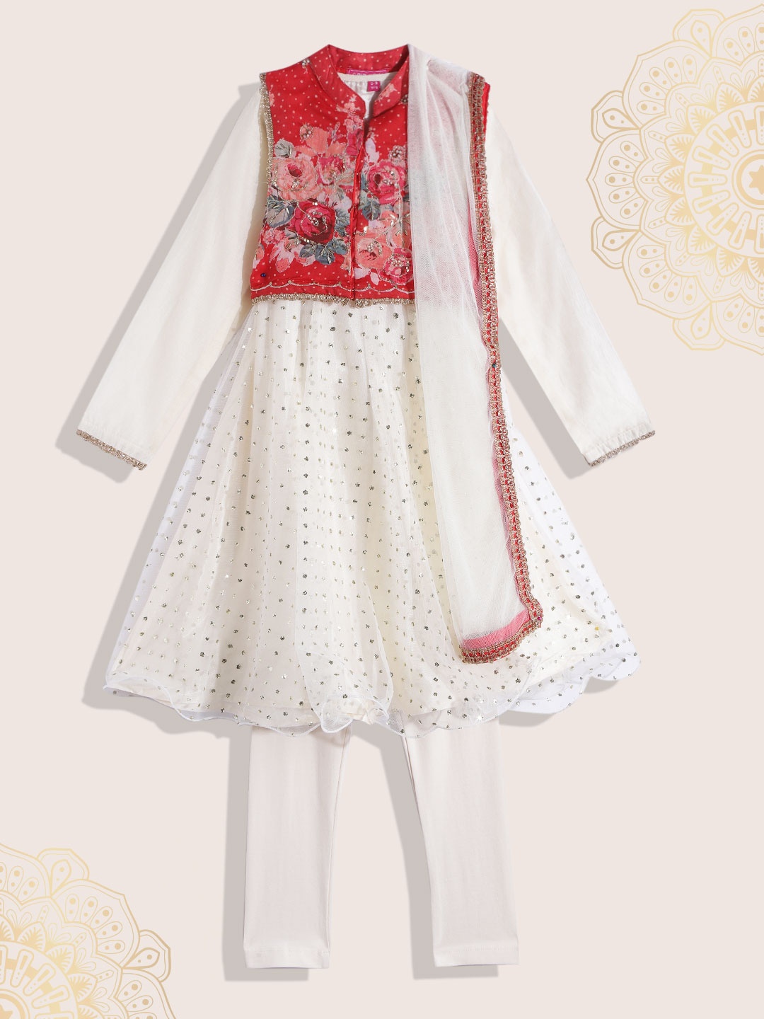 

Biba Girls White & Gold Embellished Gotta Patti A-Line Kurta With Dupatta & Ethnic jacket