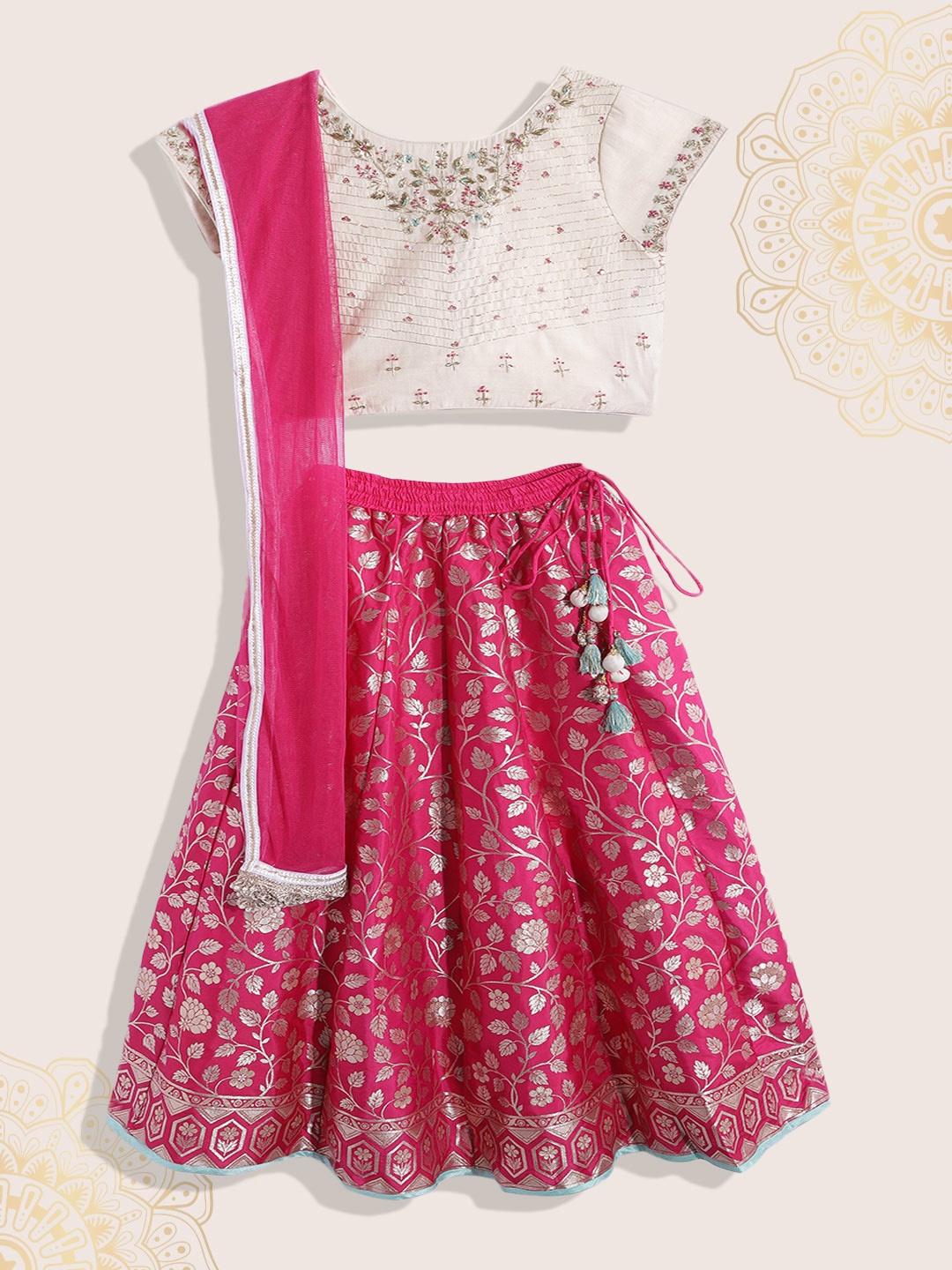 

Biba Girls Off White & Pink Woven Design Ready to Wear Lehenga & Blouse With Dupatta