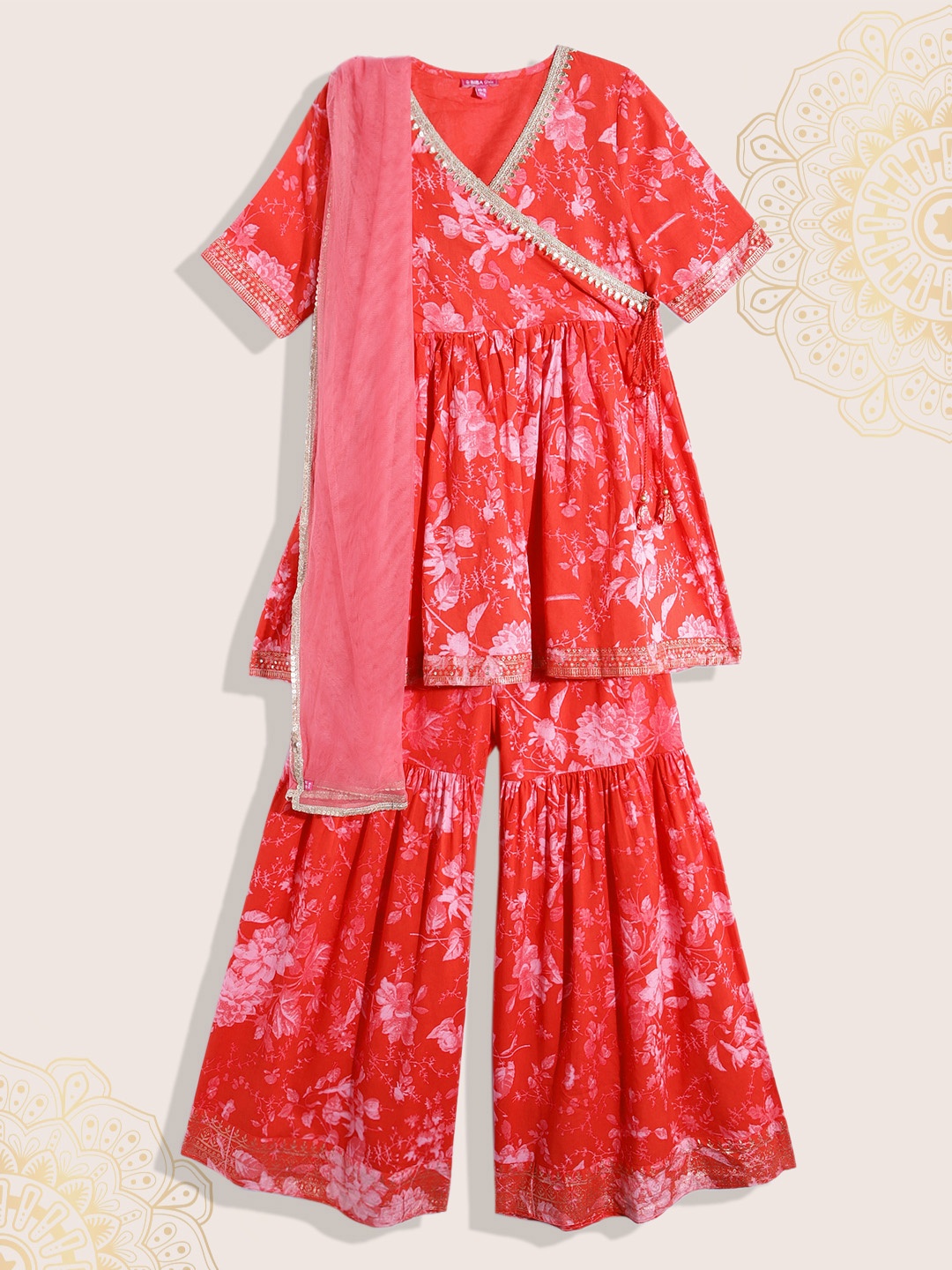 

Biba Girls Pure Cotton Floral Printed Angrakha Kurti With Sharara & Dupatta, Red