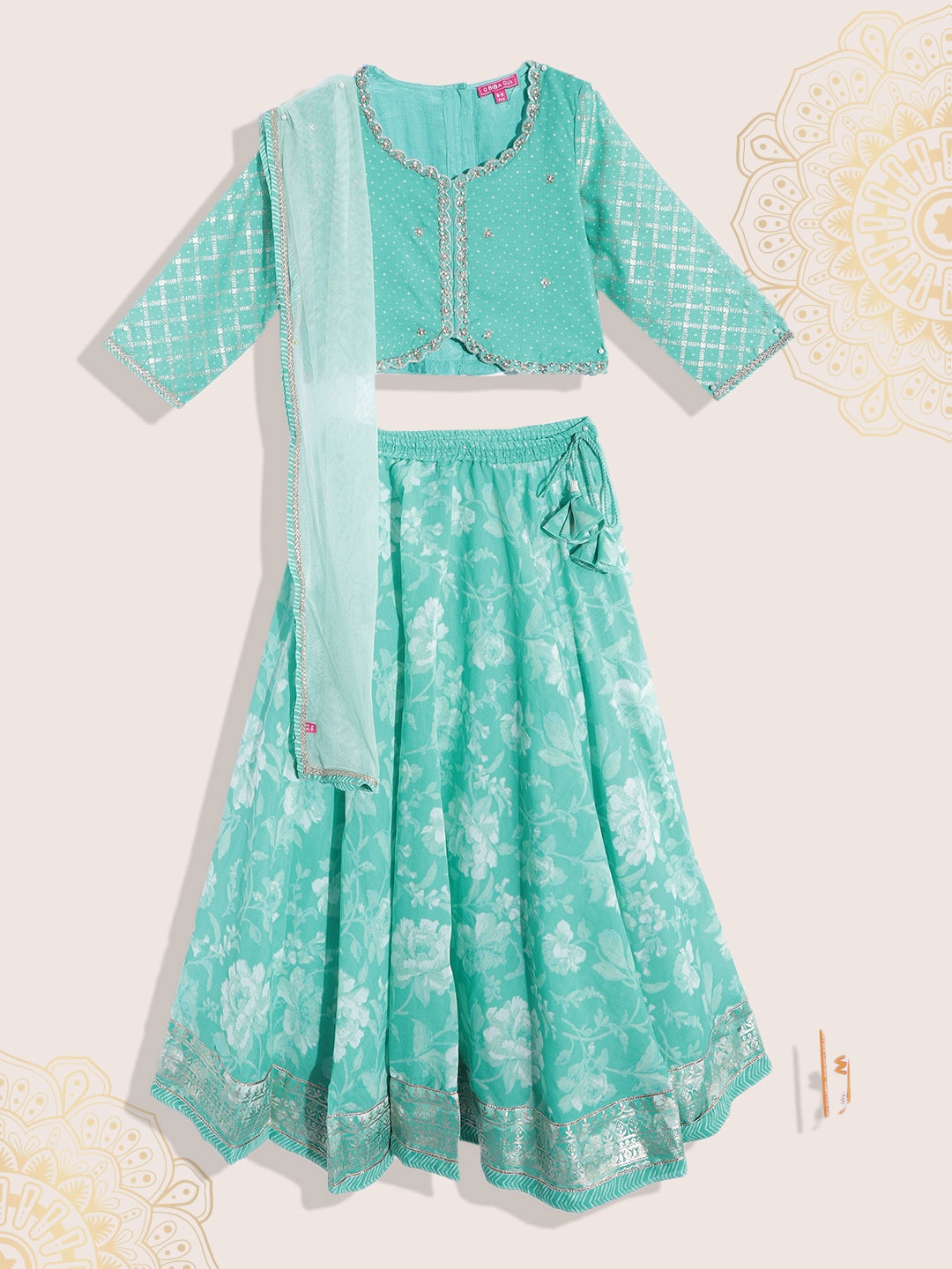 

Biba Girls Green & Golden Printed Embellished Ready to Wear Lehenga & Blouse With Dupatta