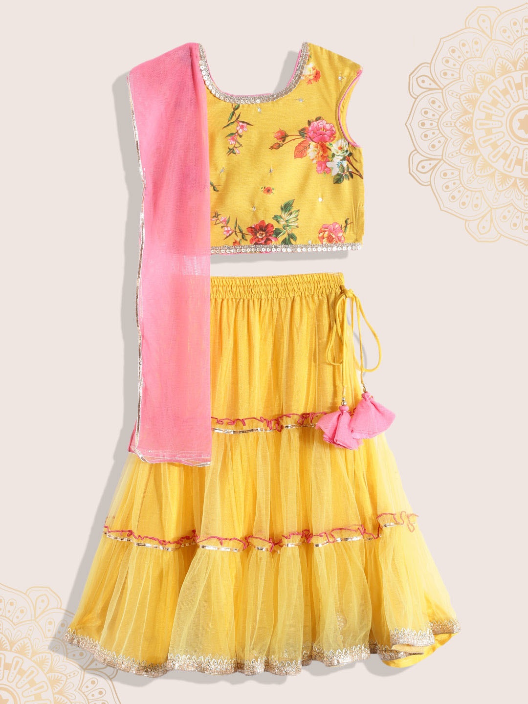 

Biba Girls Yellow & Pink Printed Ready to Wear Lehenga & Blouse With Dupatta