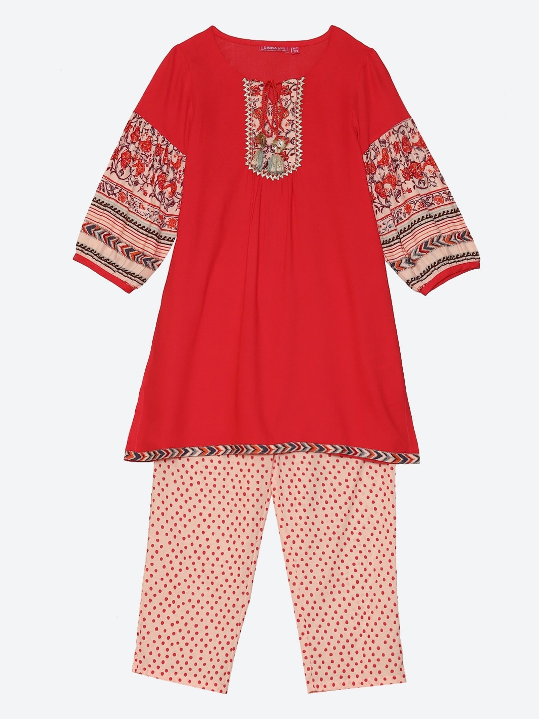 

Biba Girls Red & Pink Ethnic Yoke Design Gotta Patti Straight Kurta with Trousers