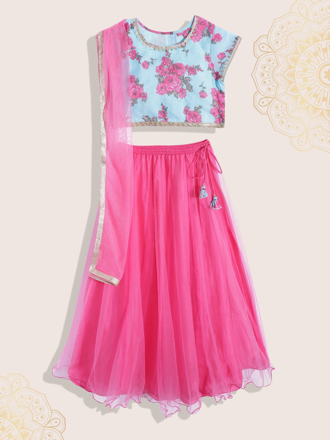 

Biba Girls Pink & Blue Floral Print Ready to Wear Lehenga & Blouse with Dupatta