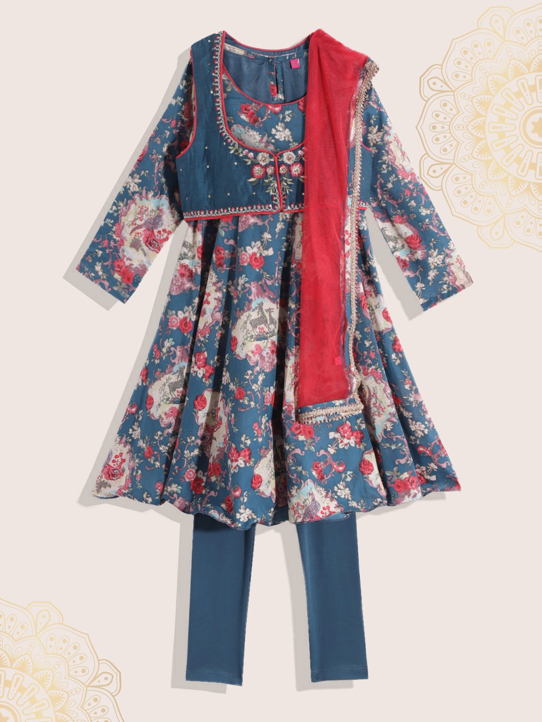 

Biba Girls Blue & Red Floral Print Embroidered Kurta & Leggings with Blouse & Dupatta