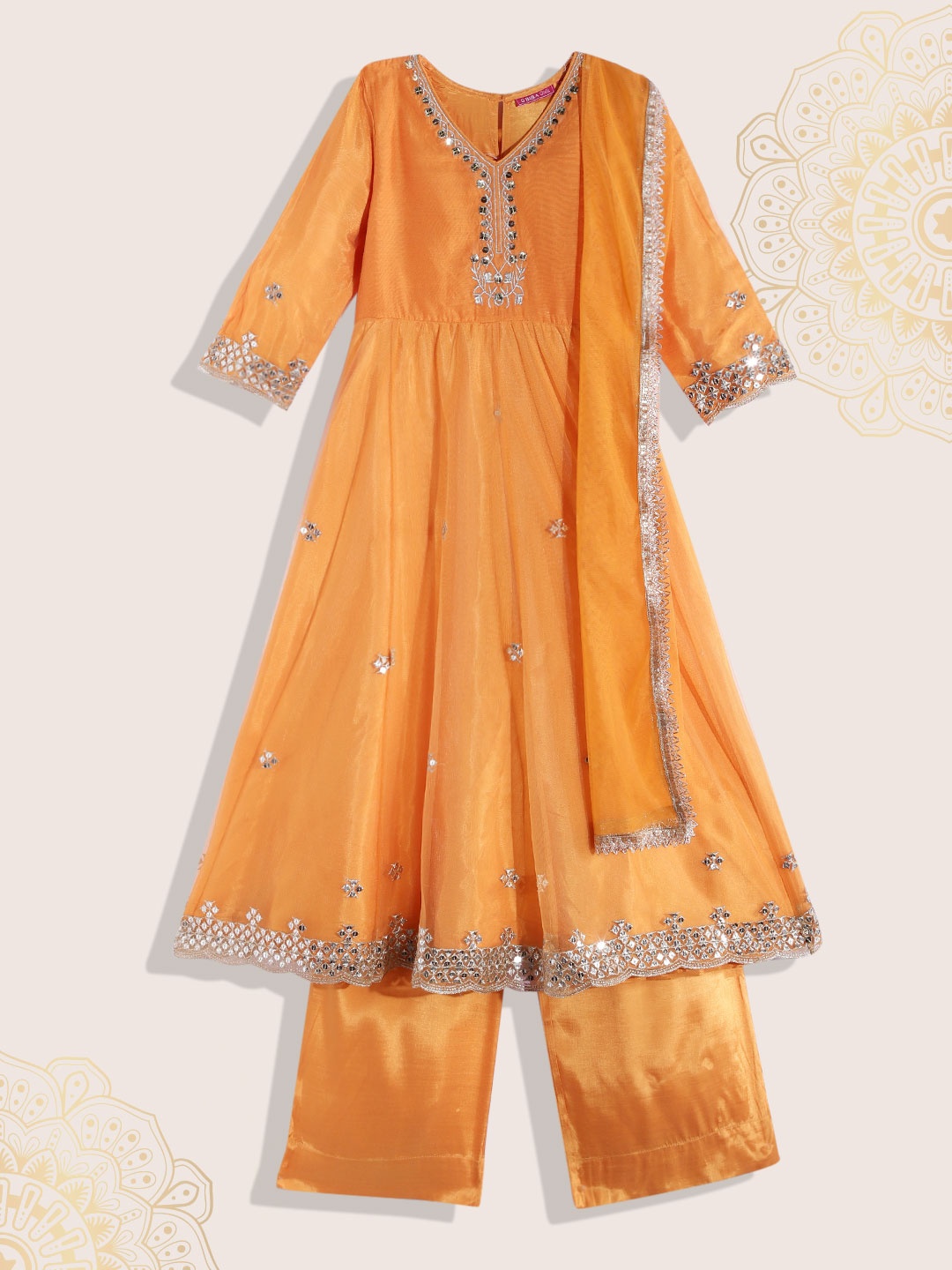 

Biba Girls Orange & Gold Ethnic Embroidered Anarkali Kurta with Palazzos & With Dupatta