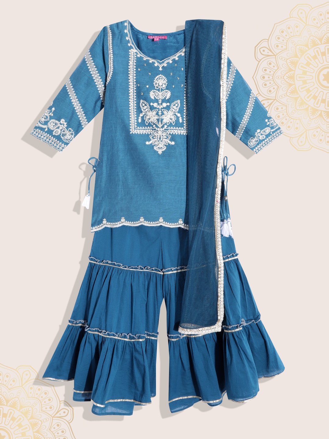 

Biba Girls Navy Blue & White Embroidered Kurta with Sharara & Dupatta