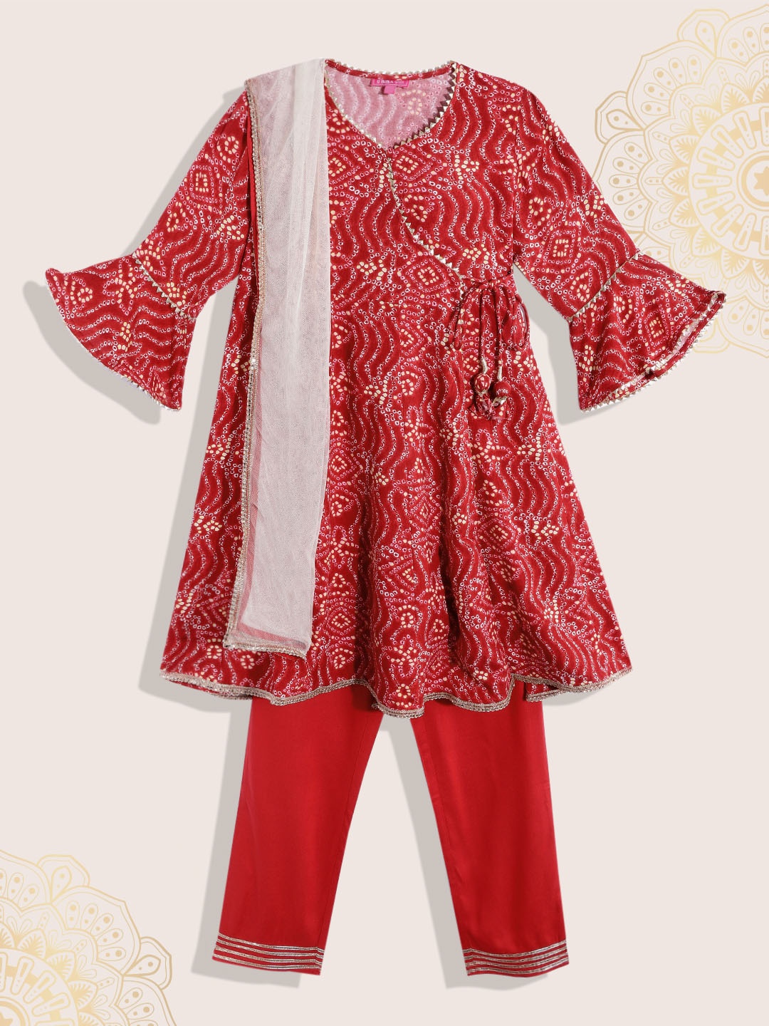 

Biba Girls Red & White Bandhani Printed Angrakha Gotta Patti Kurta Trousers & With Dupatta