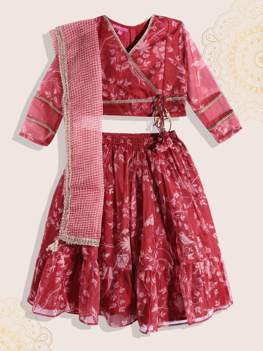 

Biba Girls Rust Red & Pink Printed Ready to Wear Lehenga & Blouse With Dupatta