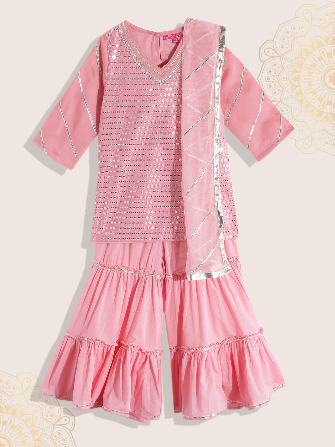 

Biba Girls Pink Embroidered Sequinned Kurta with Sharara & Dupatta