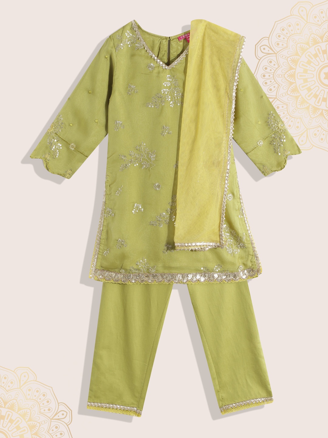 

Biba Girls Green Embroidered & Sequinned Kurta with Trousers & Dupatta