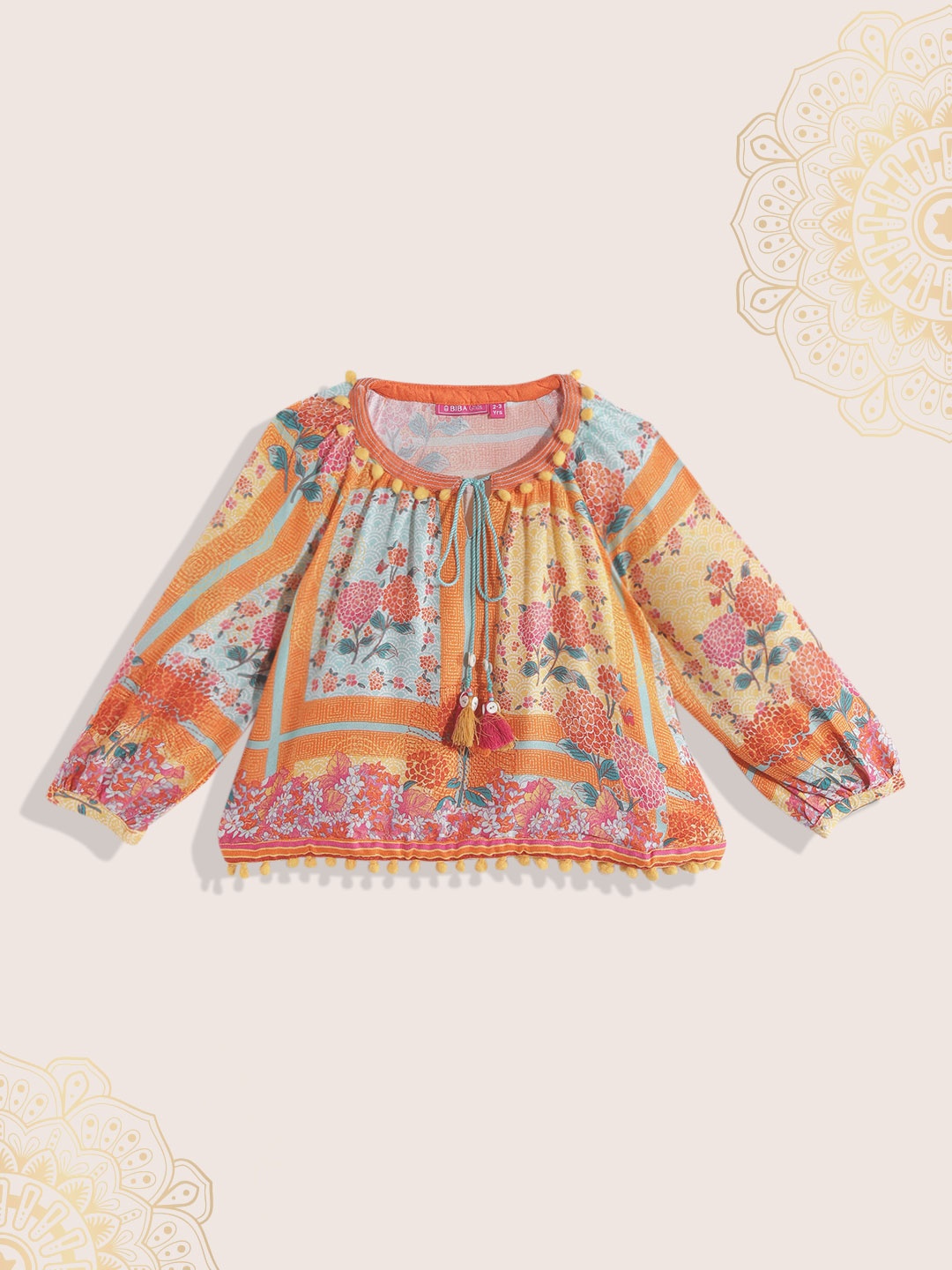 

Biba Girls Orange & Yellow Floral Print Tie-Up Neck Top with Pom-Pom Hem