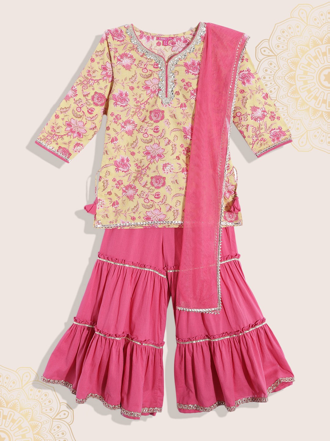 

Biba Girls Yellow & Pink Floral Print Pure Cotton Kurta with Sharara & Dupatta