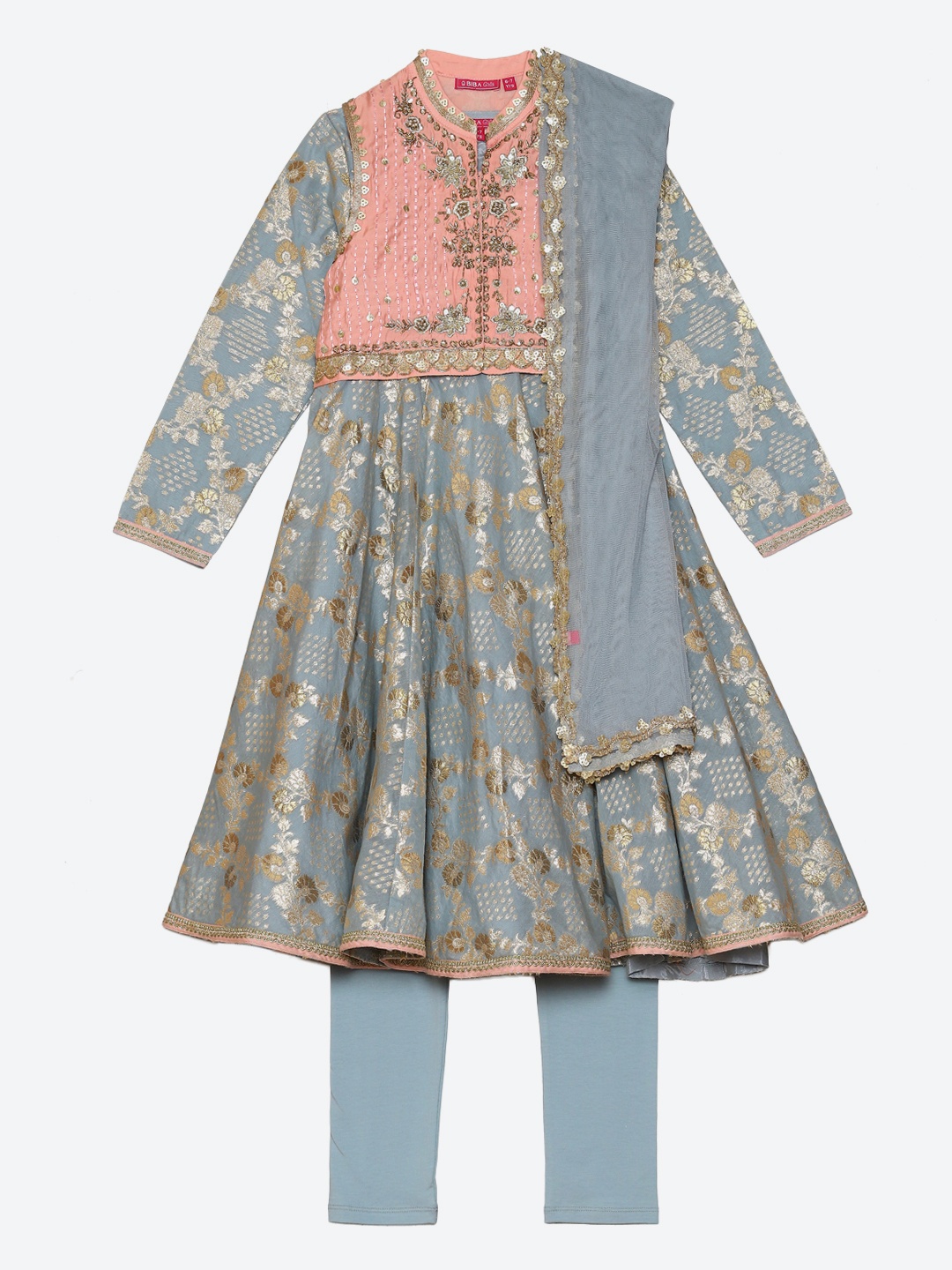 

Biba Girls Blue Floral Pleated Kurta with Palazzos & With Dupatta & Jacket